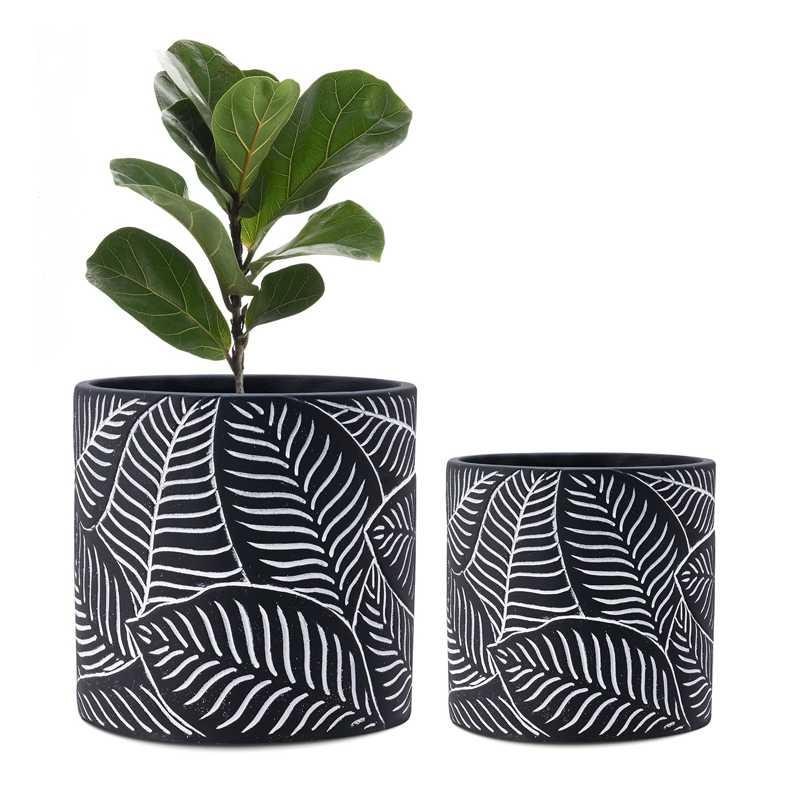 FairyLavie 6.7+5.5 Inch Cement Plant Pots with Drainage Hole & Plastic Stopper - Indoor Outdoor Flower Planters for Succulents, Herbs, Home Decor - Set of 2 (Great for Living Room, Patio, Garden & Office Decor)