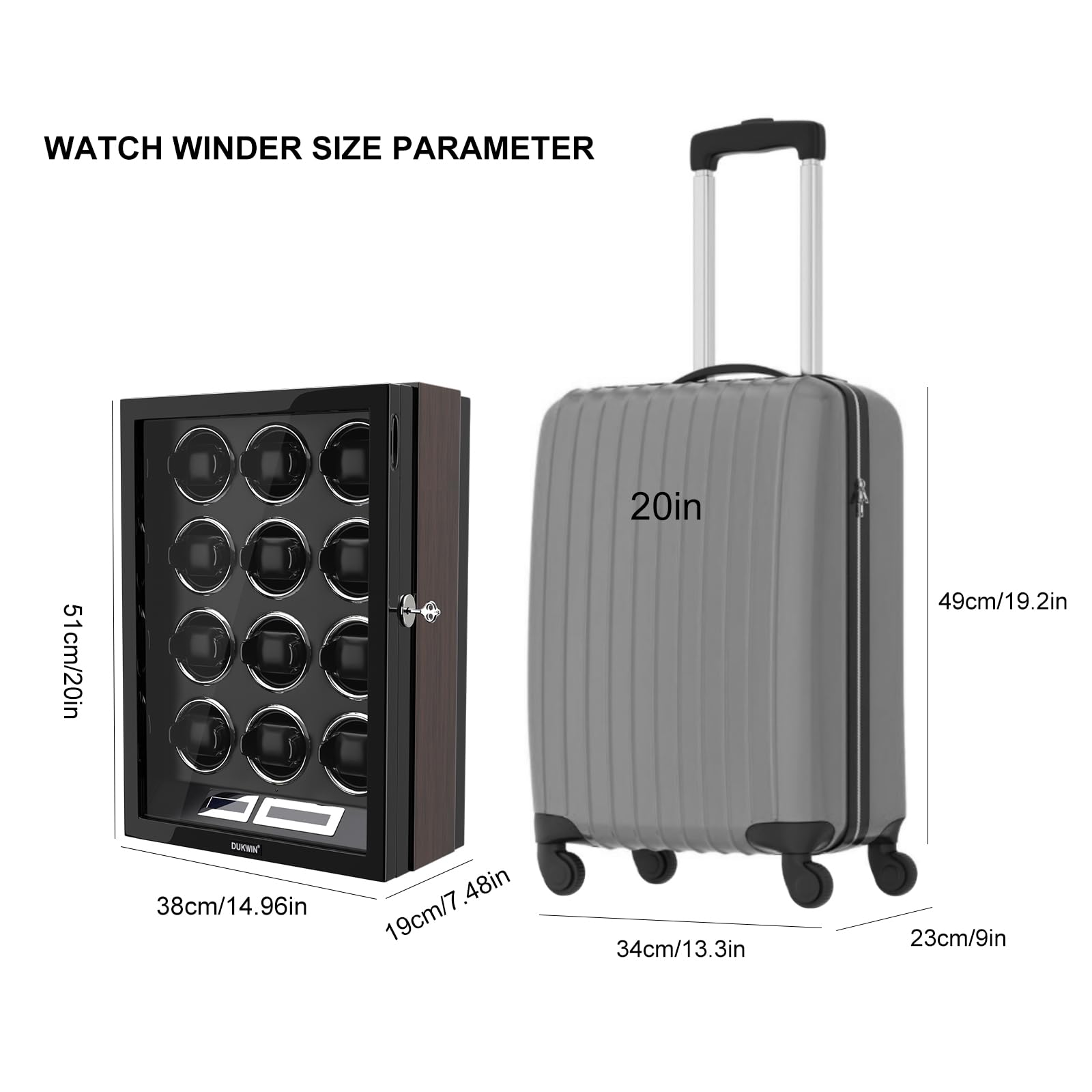 DUKWIN Automatic Watch Winder with LCD Touch Screen & Remote Control - Holds 9/12 Watches | Luxury Watch Storage Case for Men | Perfect for Travel, Office & Home Display