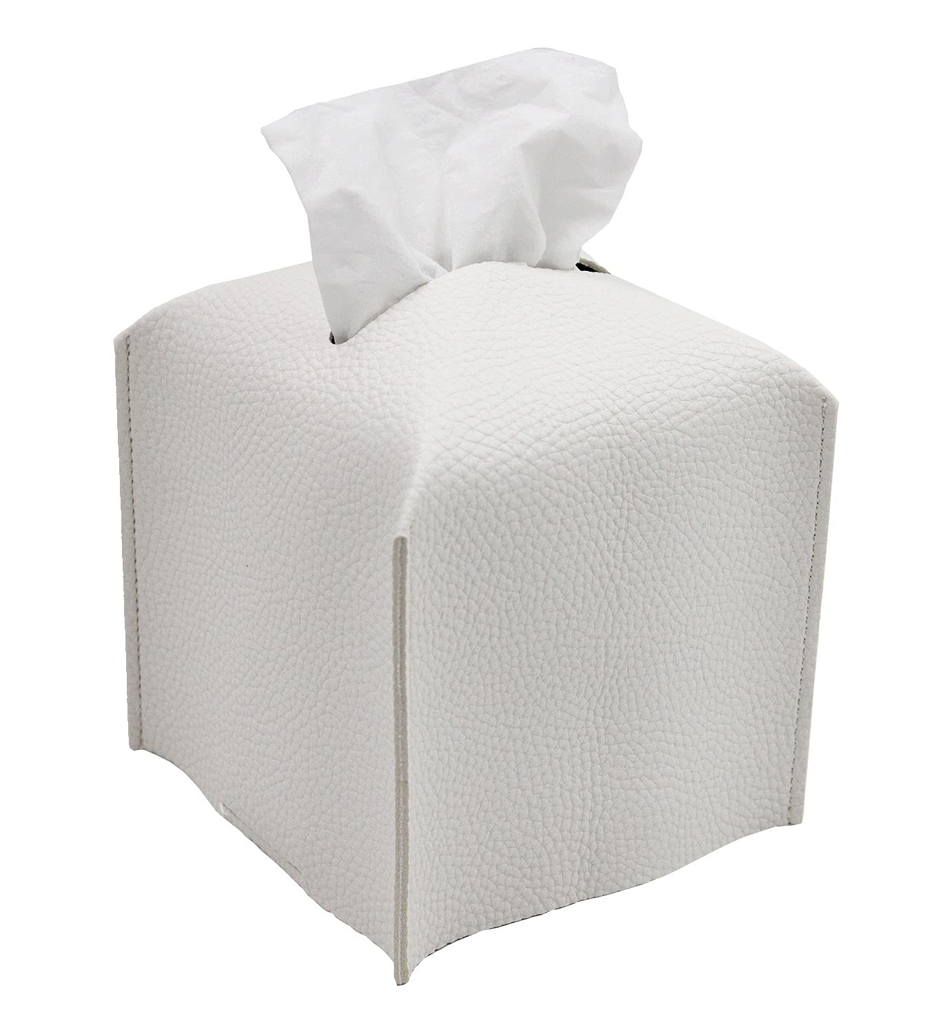 Livelab Square PU Leather Tissue Box Cover - Modern Decorative Tissue Holder for Bathroom, Vanity, Nightstand & Desk (5x5x5 Inches, Off White) | Home Decor & Office Organization Accessory