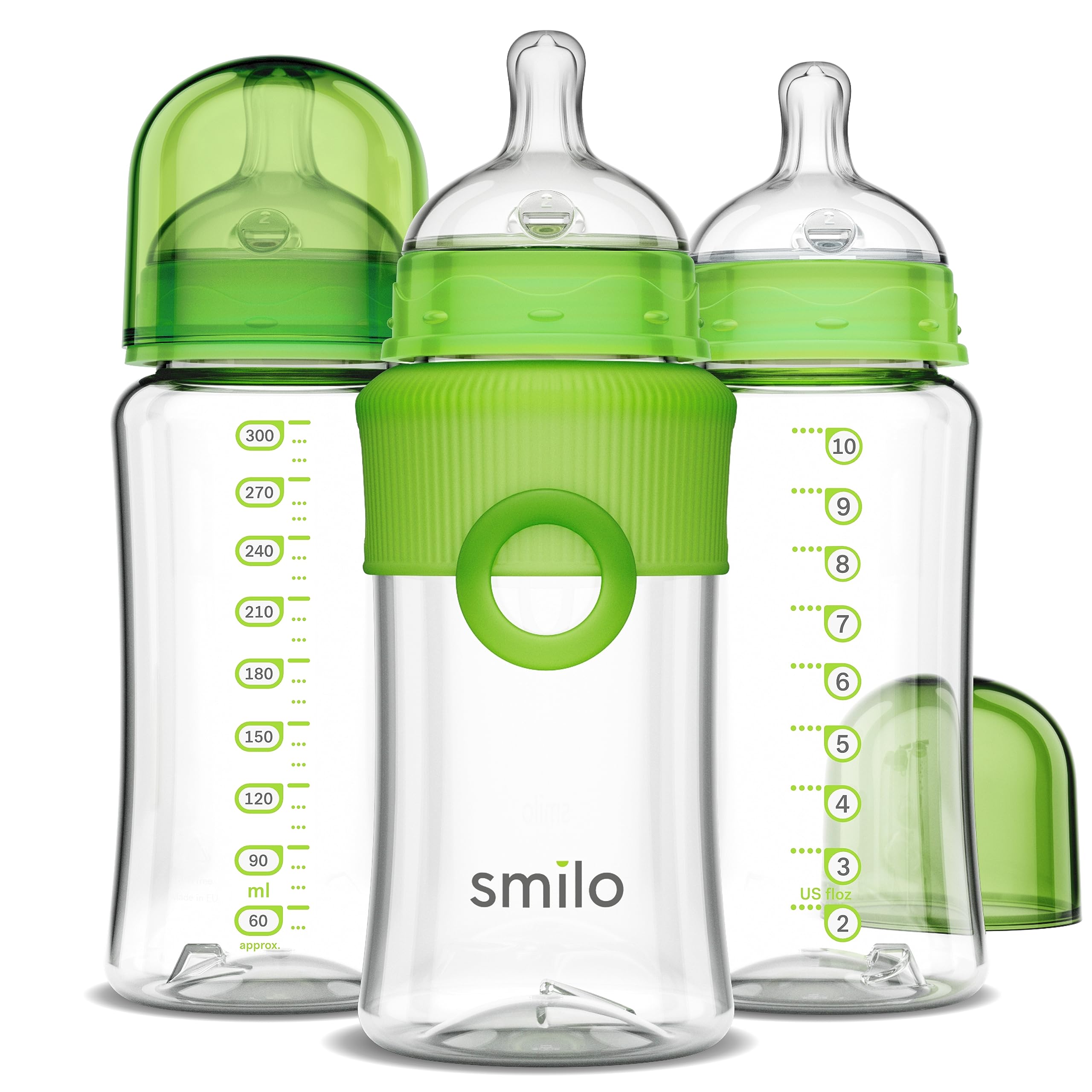 Smilo Baby Bottle Set - Stage 0 Slow Flow Anti-Colic Nipple, 10oz/300ml, 3-Pack for Newborns 0-3 Months (Green) - Perfect for Breastfeeding Transition & Reducing Gas Discomfort