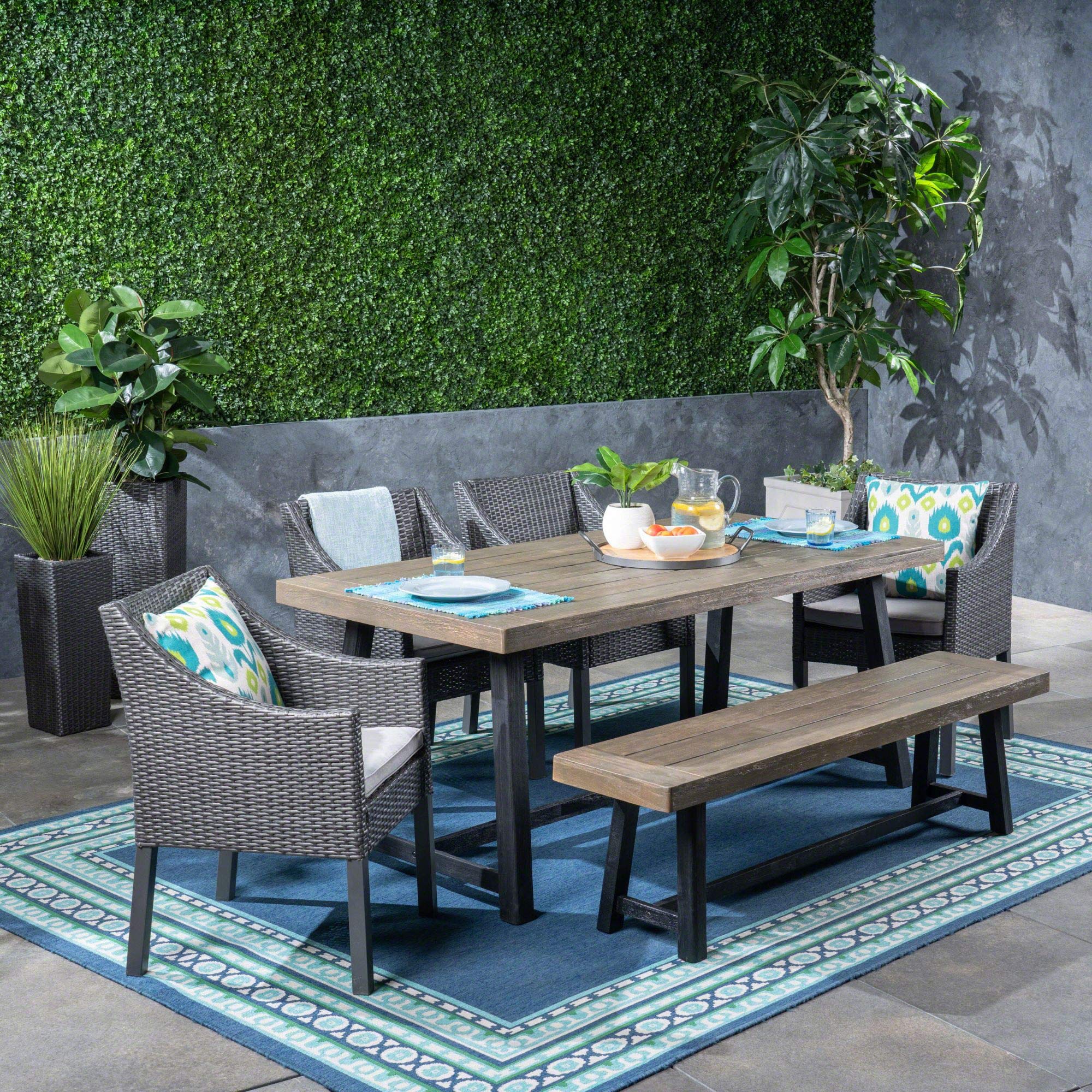 6-Piece Gray Wicker Outdoor Dining Set with Silver Cushions - Modern Patio Furniture for Backyard, Garden & Poolside Entertaining
