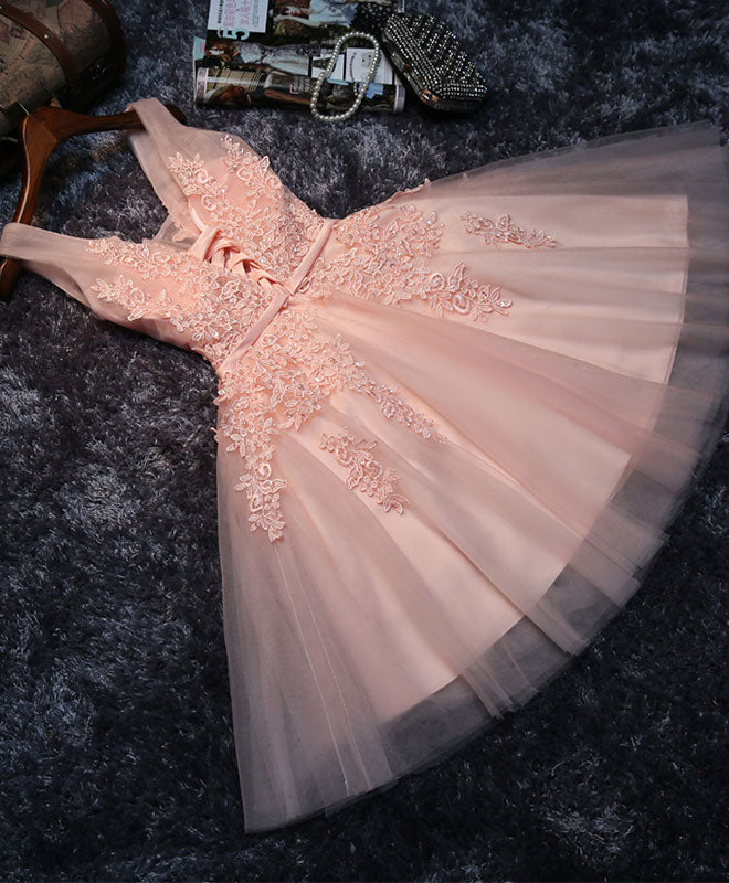 Elegant Pink V-Neck Tulle Lace Short Prom Dress for Homecoming, Party, and Special Occasions | Flirty and Fun Cocktail Dress for Teens and Juniors
