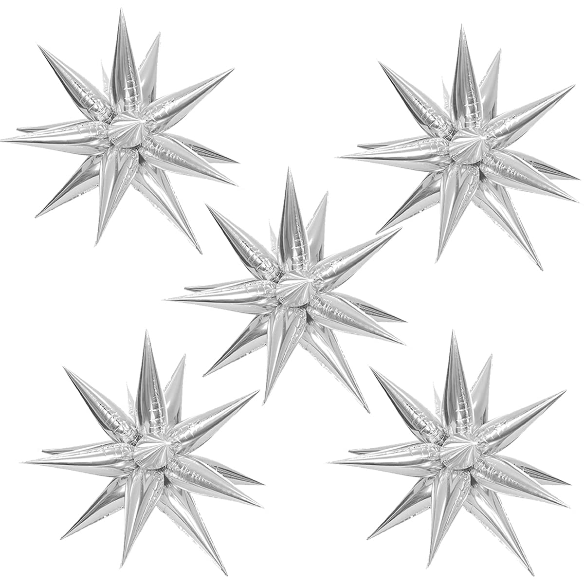 60 Pcs Silver Starburst Cone Balloons - Mylar Star Foil Balloons for Christmas, Birthday, Graduation, Wedding & Anniversary Party Decorations - Perfect for Backdrops, Ceiling Decor & Photo Booth Props