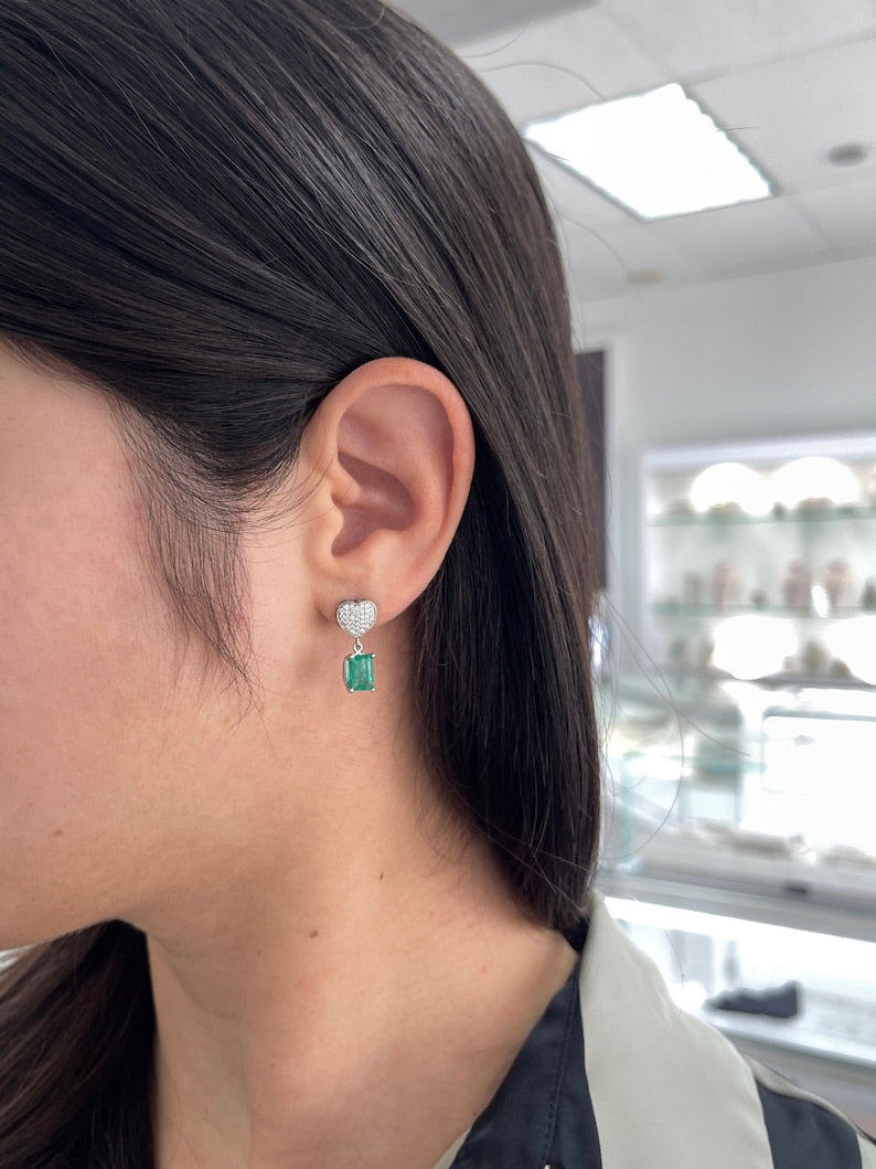 3.20tcw 14K Gold Natural Rich Medium Green Emerald & Diamond Heart Cluster Dangle Earrings for Women - Elegant Wedding, Party & Evening Wear Jewelry Gift
