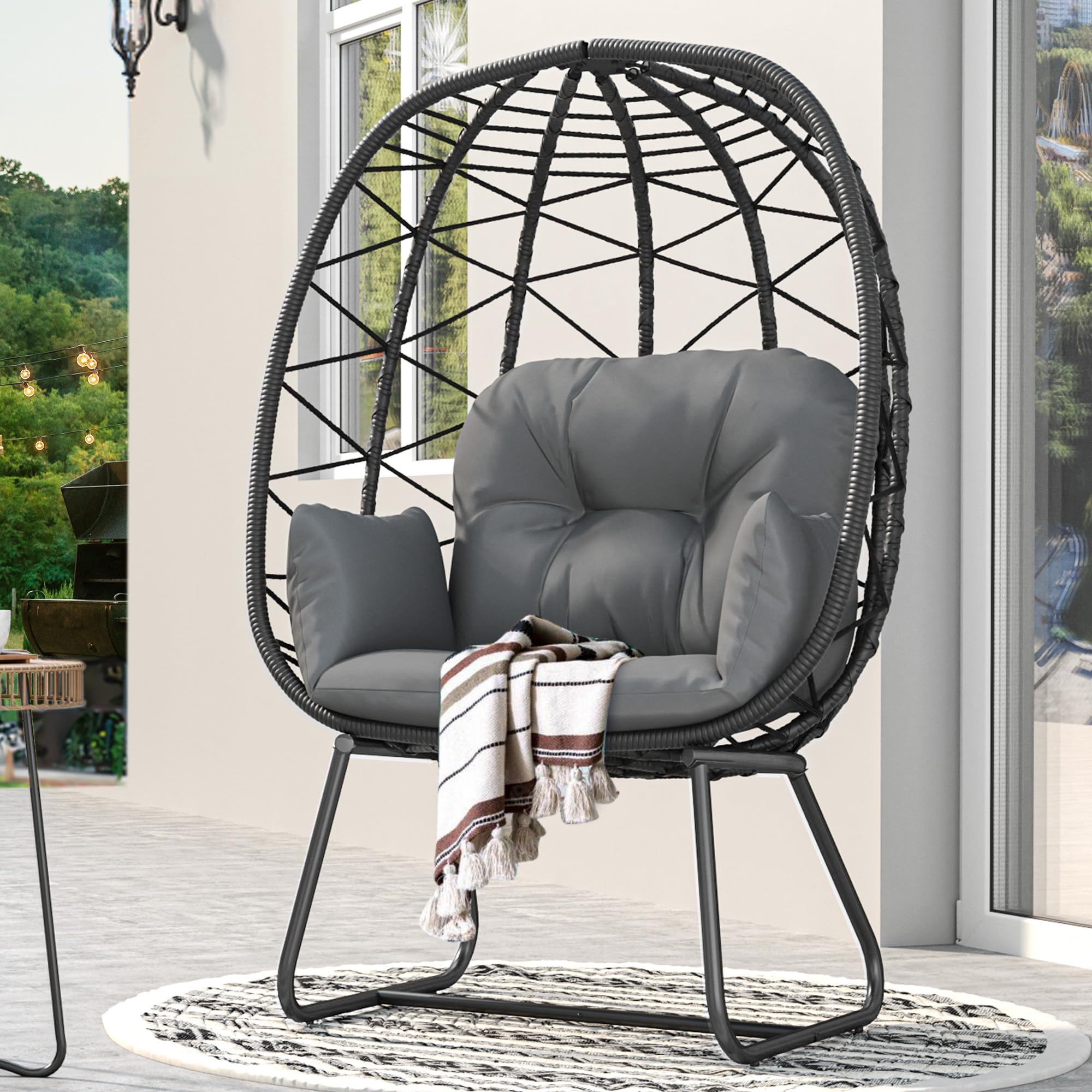 YITAHOME Gray Egg Chair with Stand - Indoor/Outdoor Wicker Lounge Chair with Cushion, PE Rattan Hanging Chair for Patio, Garden, Backyard, Porch - Perfect for Relaxing, Reading & Sunbathing