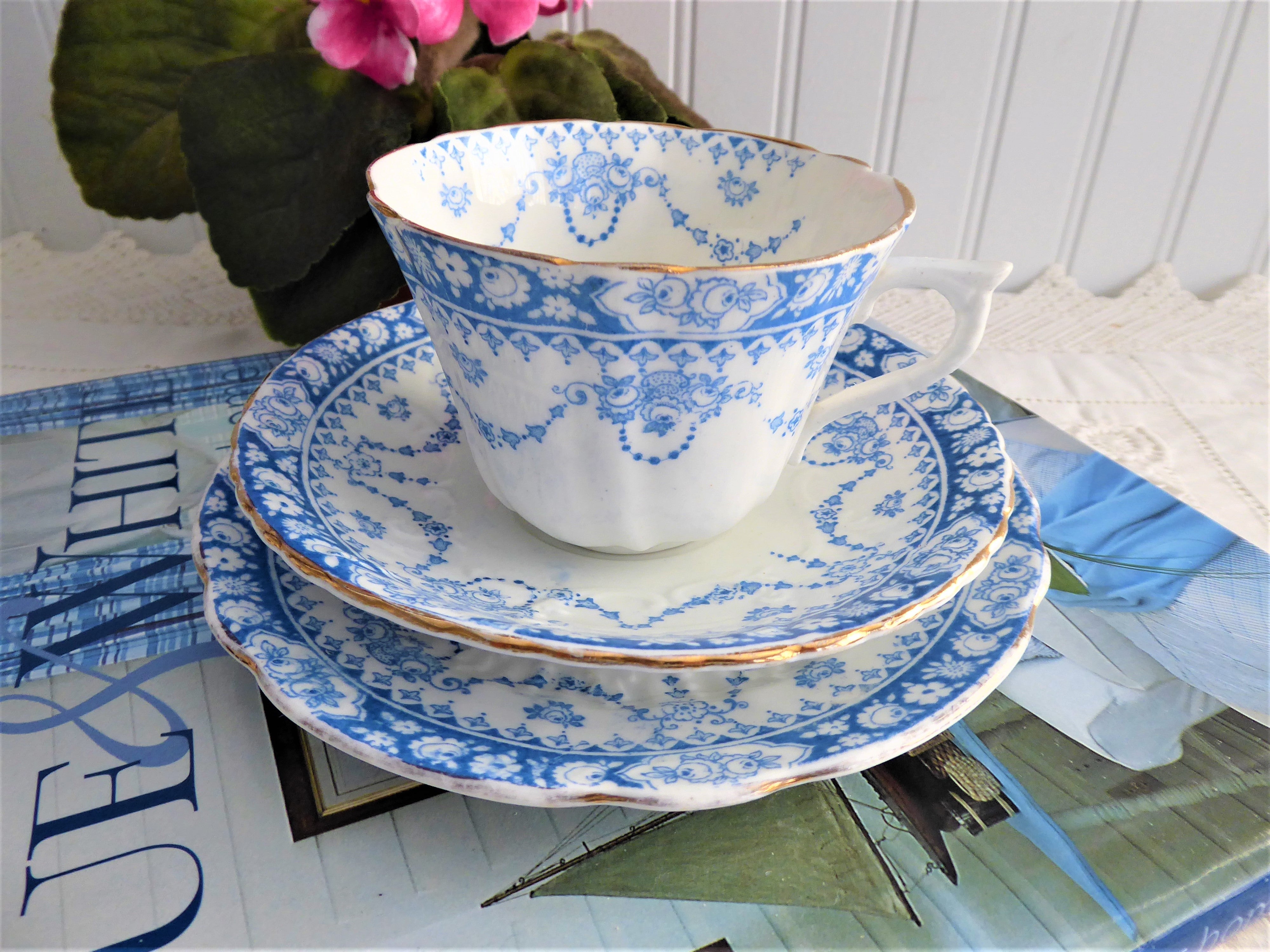 Antique Edwardian Blue Transferware Teacup Trio with Saucer Plate - Vintage 1904 Floral Swags Design - Perfect for Afternoon Tea, Collecting & Home Decor