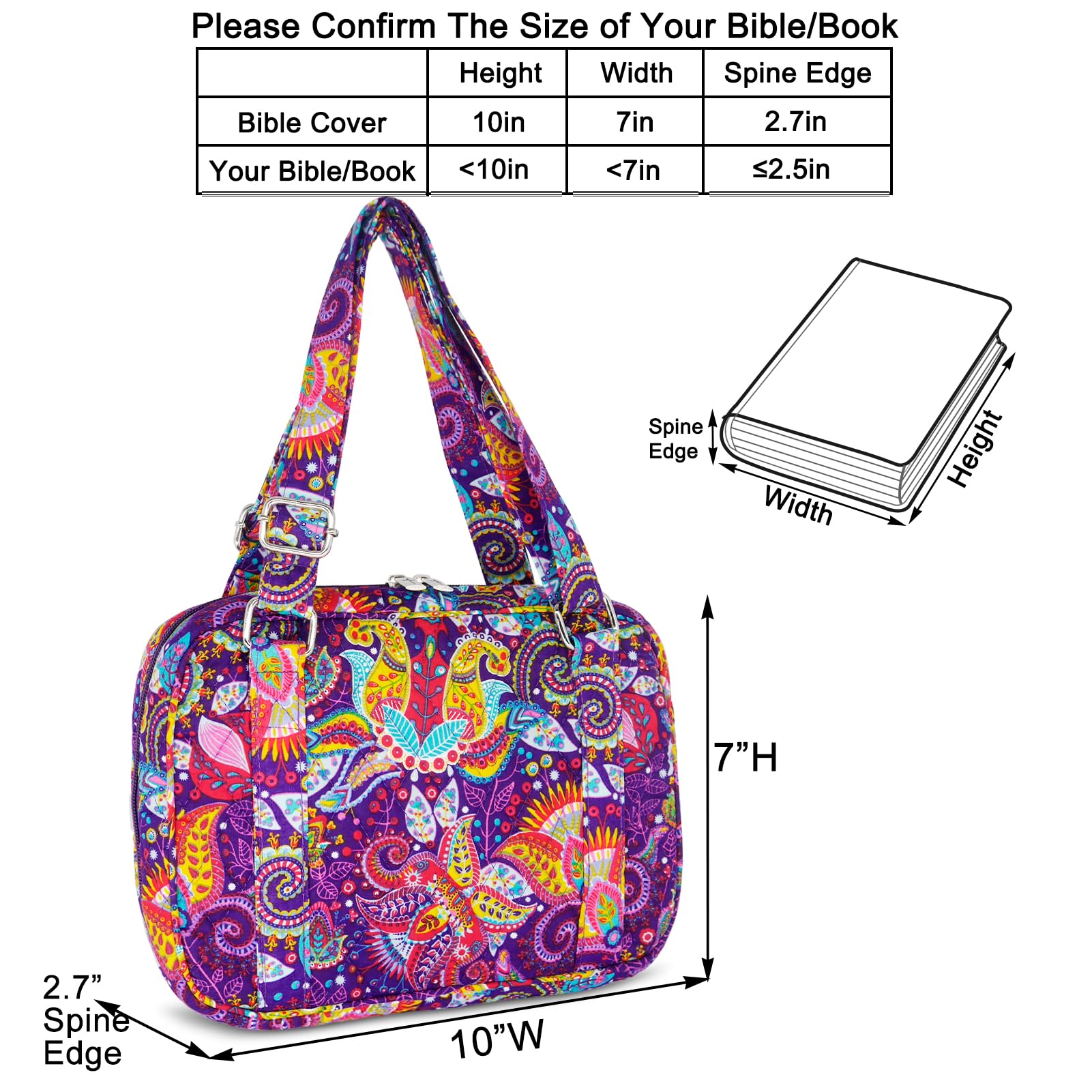 Women's Bible Cover with Adjustable Straps - Large Zippered Study Bible Carrying Case Bag (10x7x2.7 Inches) - Perfect for Church, Bible Study & Travel