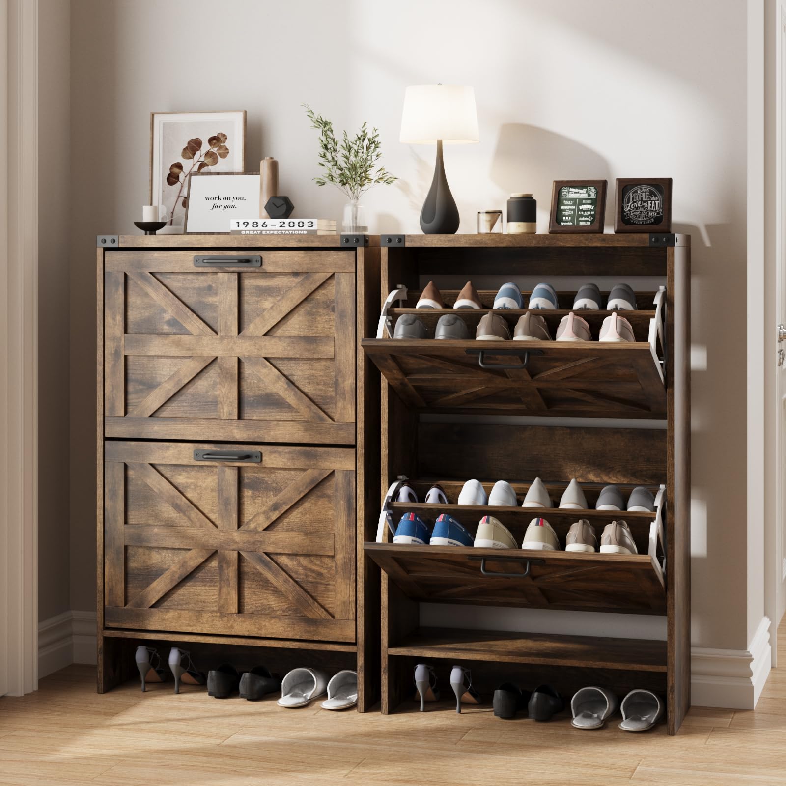 Farmhouse Style Slim Shoe Cabinet with 2 Flip-Up Drawers - Narrow Entryway Storage Organizer for Hidden Shoes - Brown Wooden Shoe Rack - Perfect for Small Spaces, Hallways, and Closet Organization
