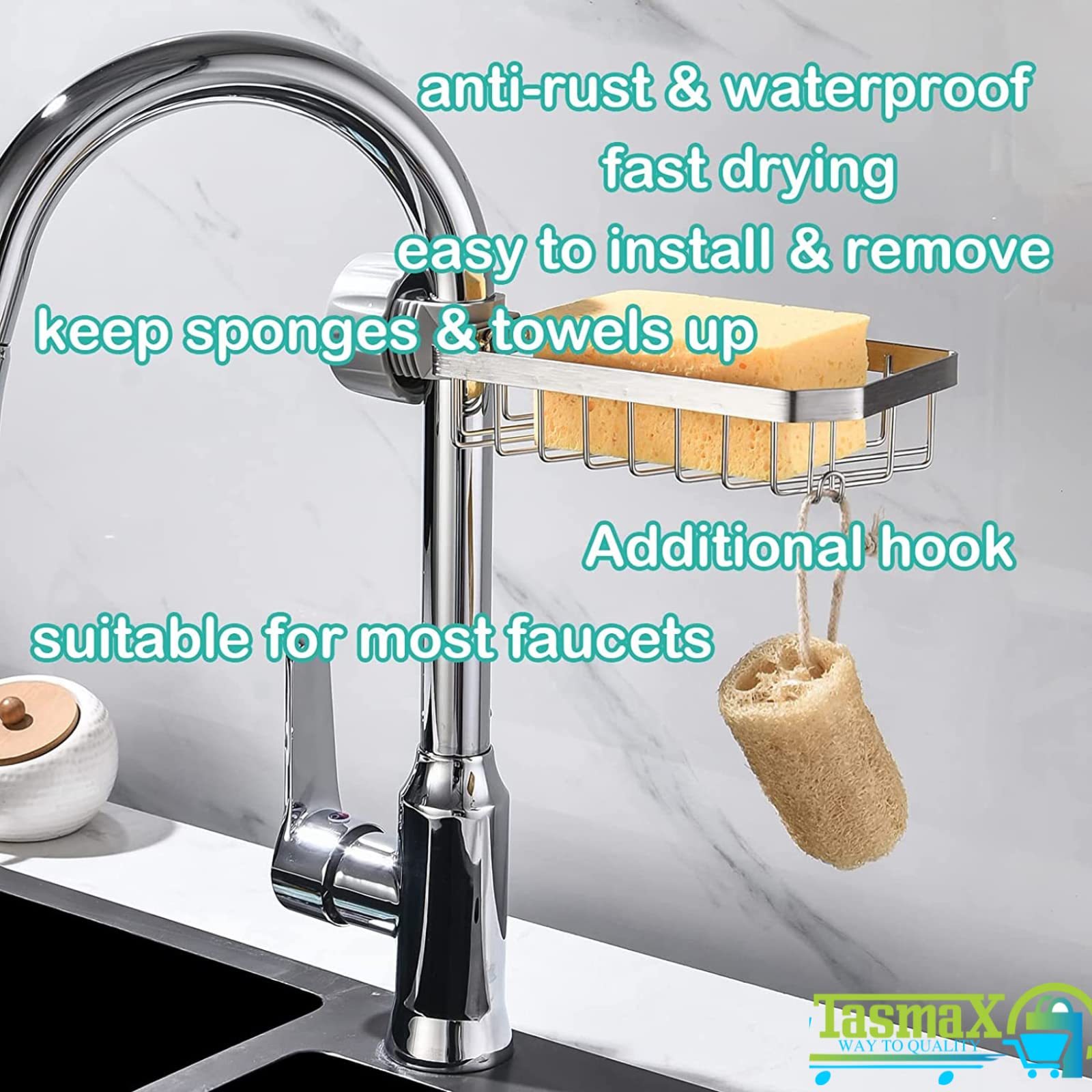 Stainless Steel Kitchen Sink Soap Holder & Sponge Rack - Rustproof Faucet Mount Organizer for Dish Soap, Sponges & Brushes | Perfect for Small Spaces, RV Sinks & Clutter-Free Kitchen Countertops