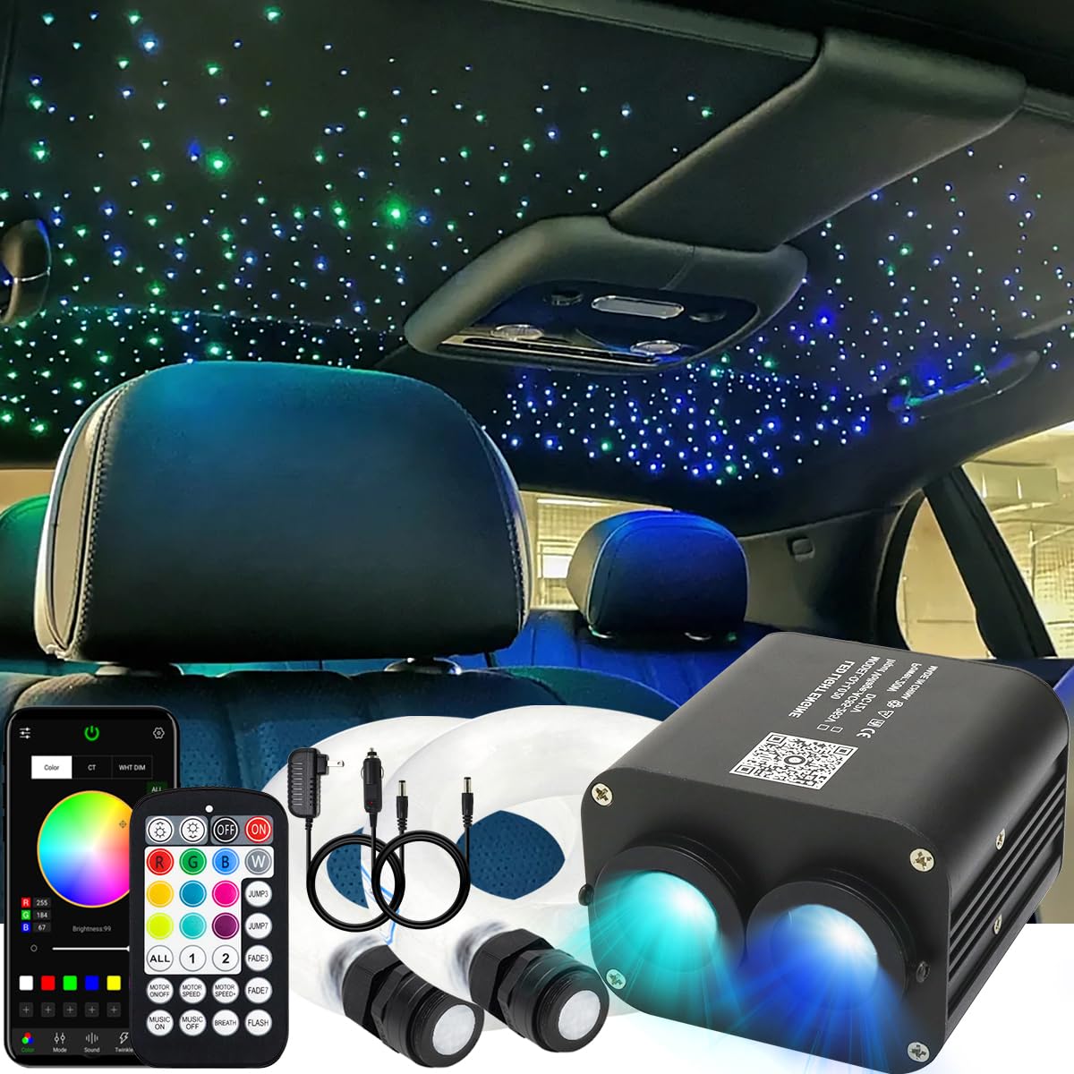 AZIMOM 20W Twinkle Fiber Optic Star Ceiling Kit - 1200pcs 0.03in End Glow Strands, 13.1ft Length, RGBW Sound-Activated Lights with Remote & App Control for Home & Car Decor | Bedroom, Theater, Party Lighting