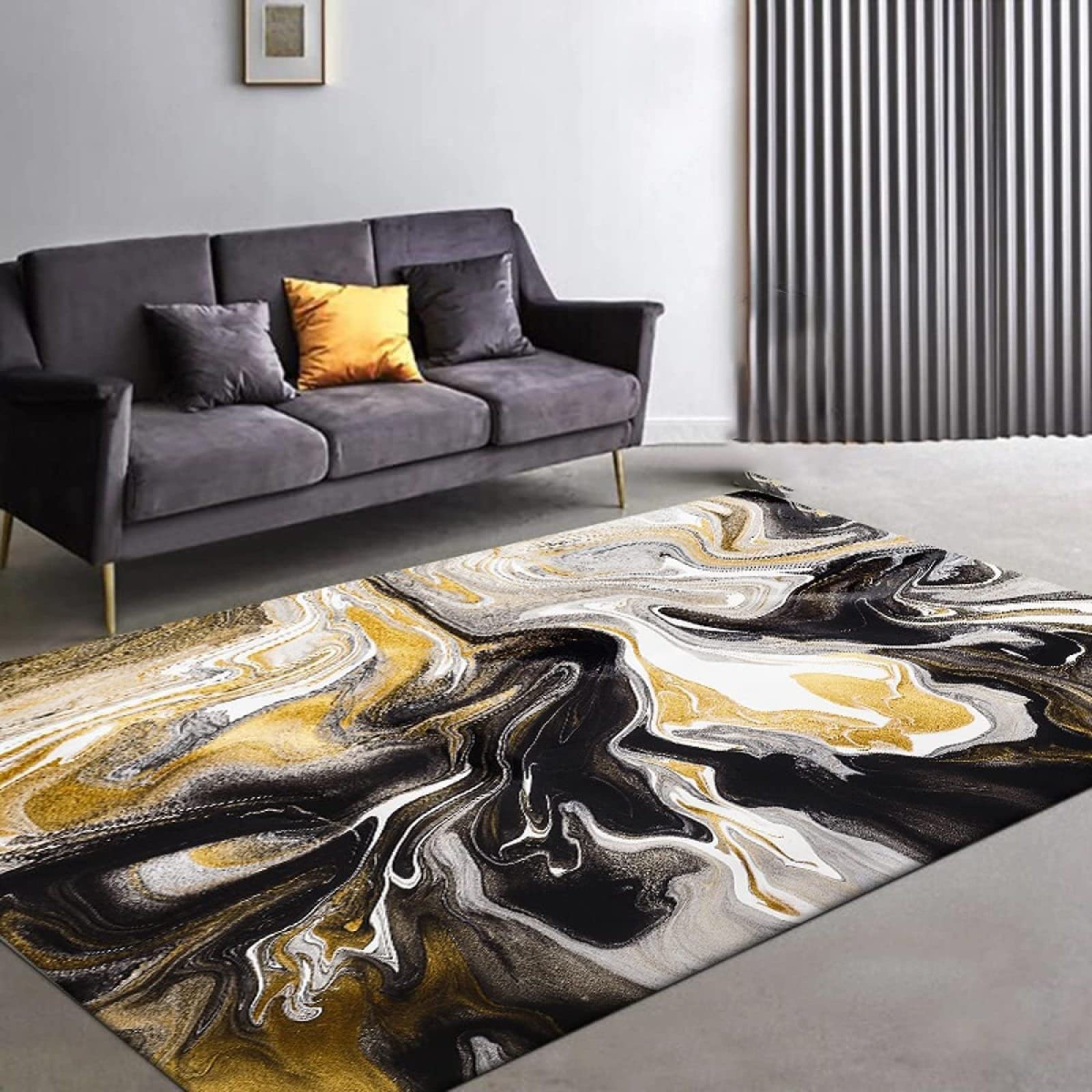 Modern Abstract Black Gold Area Rug - Nordic Art Marble Design Non-Slip Indoor Carpet for Living Room, Bedroom & Home Decor (6.6' x 5.3') - Perfect for Sofa, Floor Mats & Cozy Spaces