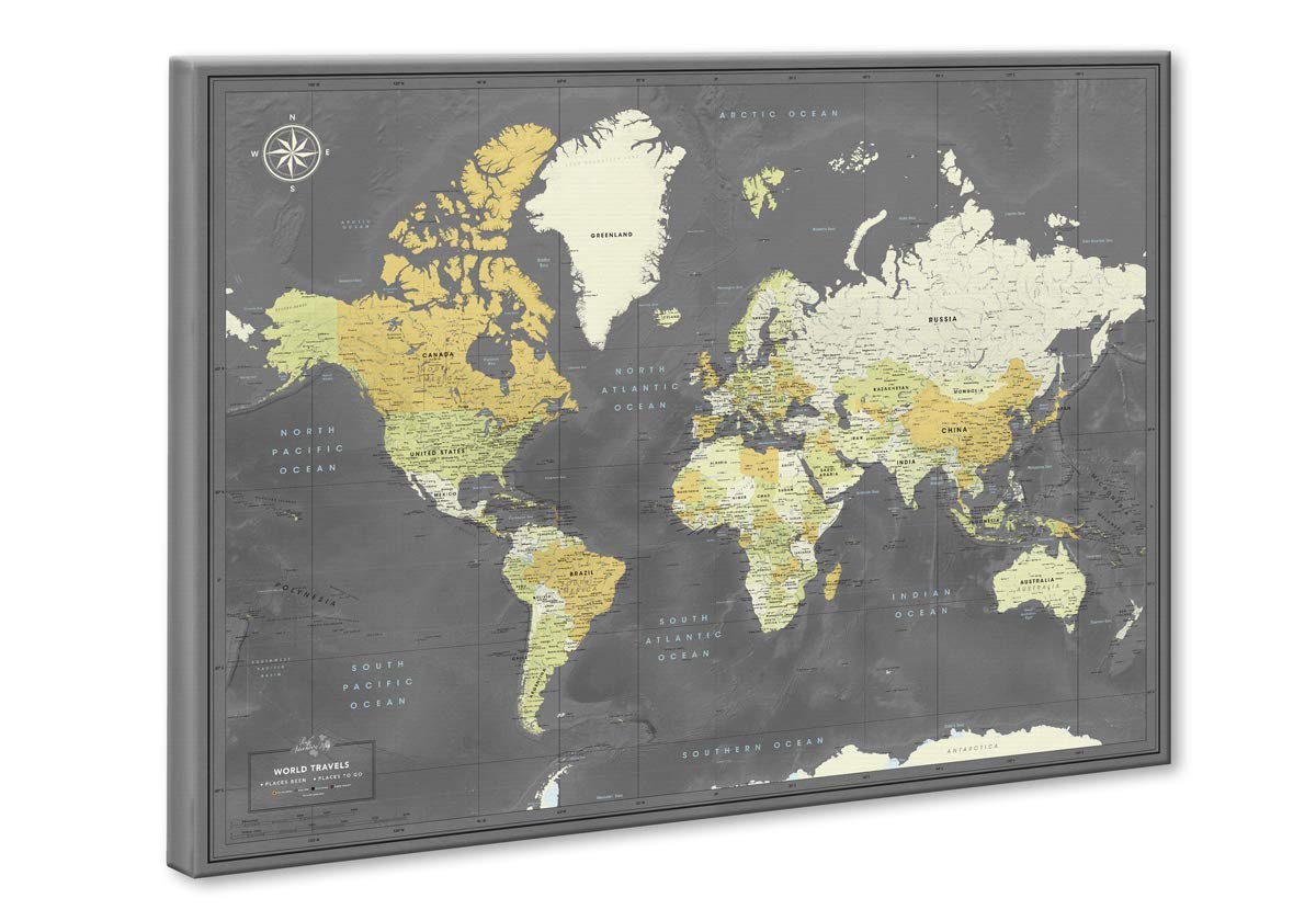 Detailed World Travel Map with Push Pins - 32 x 24 Inch Canvas Wall Art for Adventure Planning | Perfect for Home Office Decor & Travel Enthusiasts