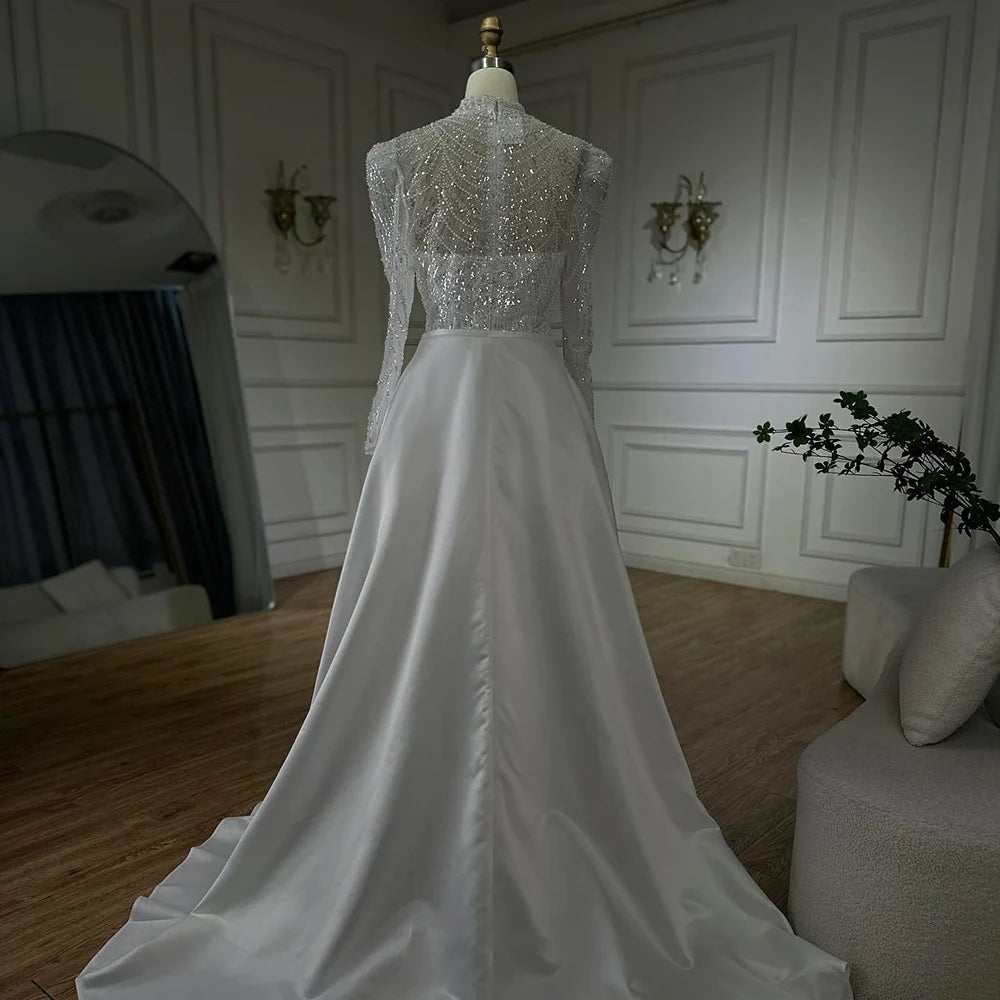 Luxury Dubai White Muslim Mermaid Evening Dress with Detachable Overskirt - Formal Gown for Weddings, Parties & Special Occasions - LA72032L