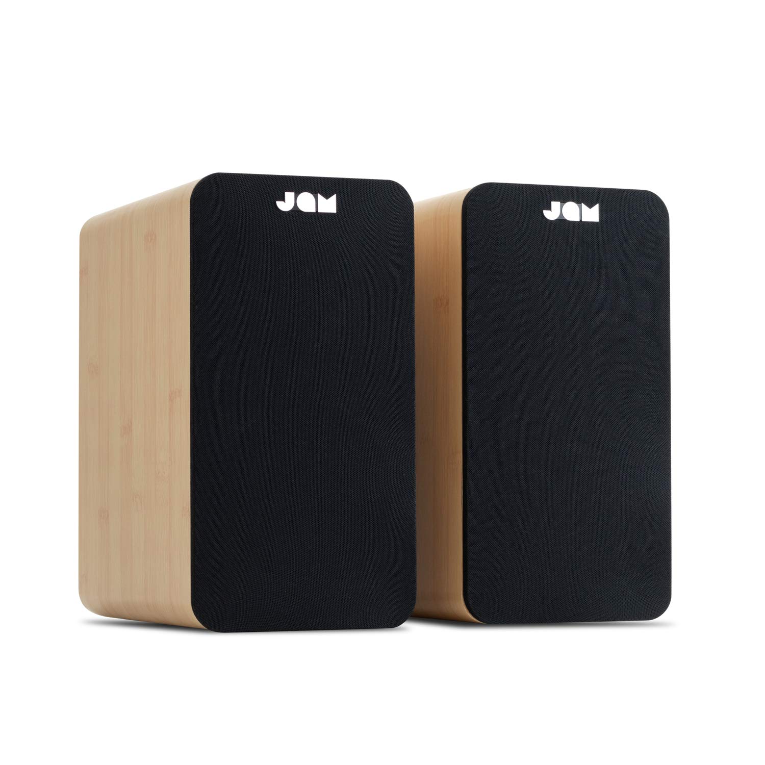 Premium JAM Bluetooth Bookshelf Speakers - Compact Wireless Stereo Speaker System with Aux-in, Mains Powered - Wooden Design & Amazon Basics 2-Male to 2-Male RCA Audio Cable (1.22m/4ft) - Perfect for Home Audio, Office Music, and Small Room Entertainment