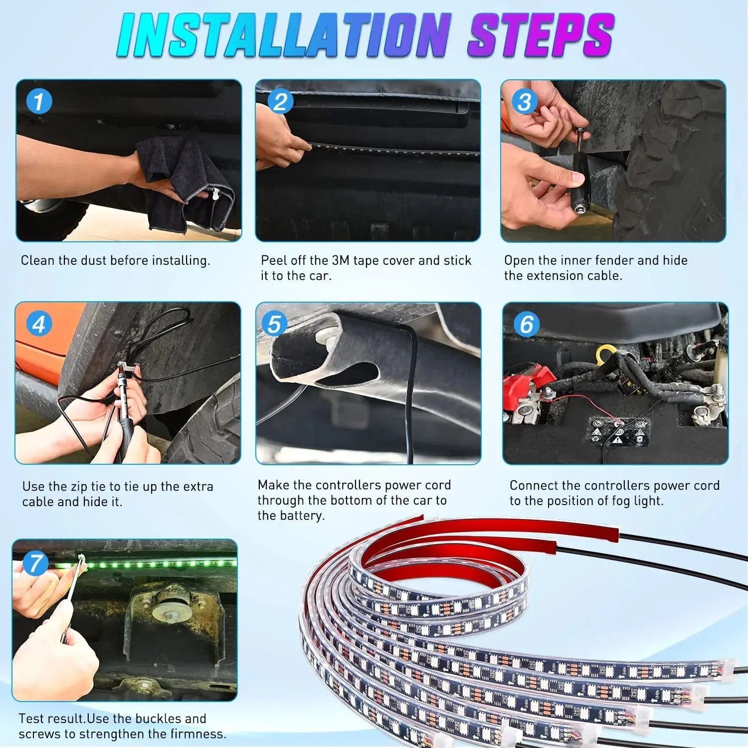 300 LEDs RGB Underglow Neon APP Remote Control LED Strip Lights (6 Pack) - Perfect for Car Interior, Bedroom, Party, and Home Decoration