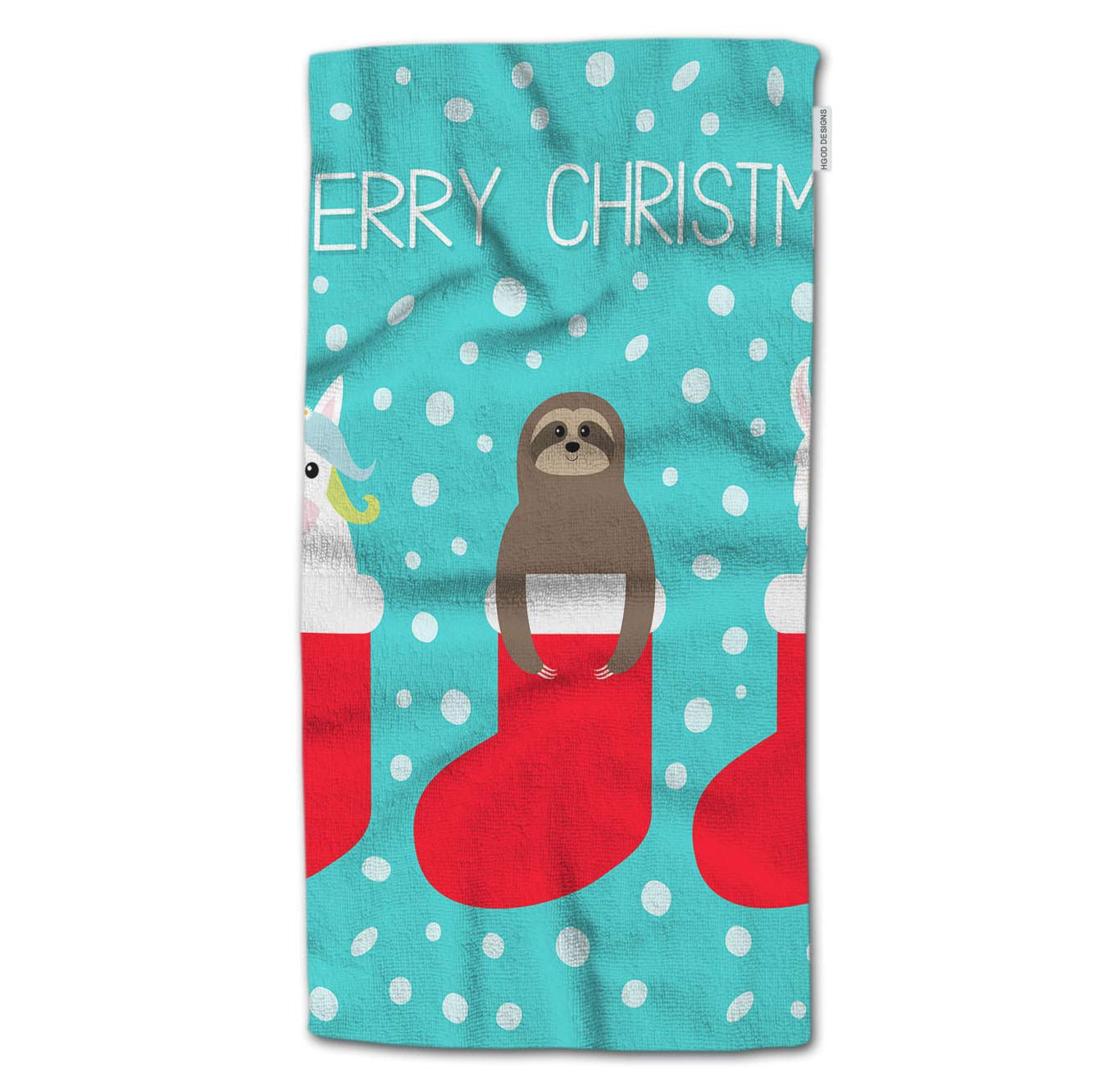 HGOD DESIGNS Christmas Bath Towel - Cute Cartoon Kawaii Llama Alpaca Sloth Unicorn Pattern with Red Socks, 64