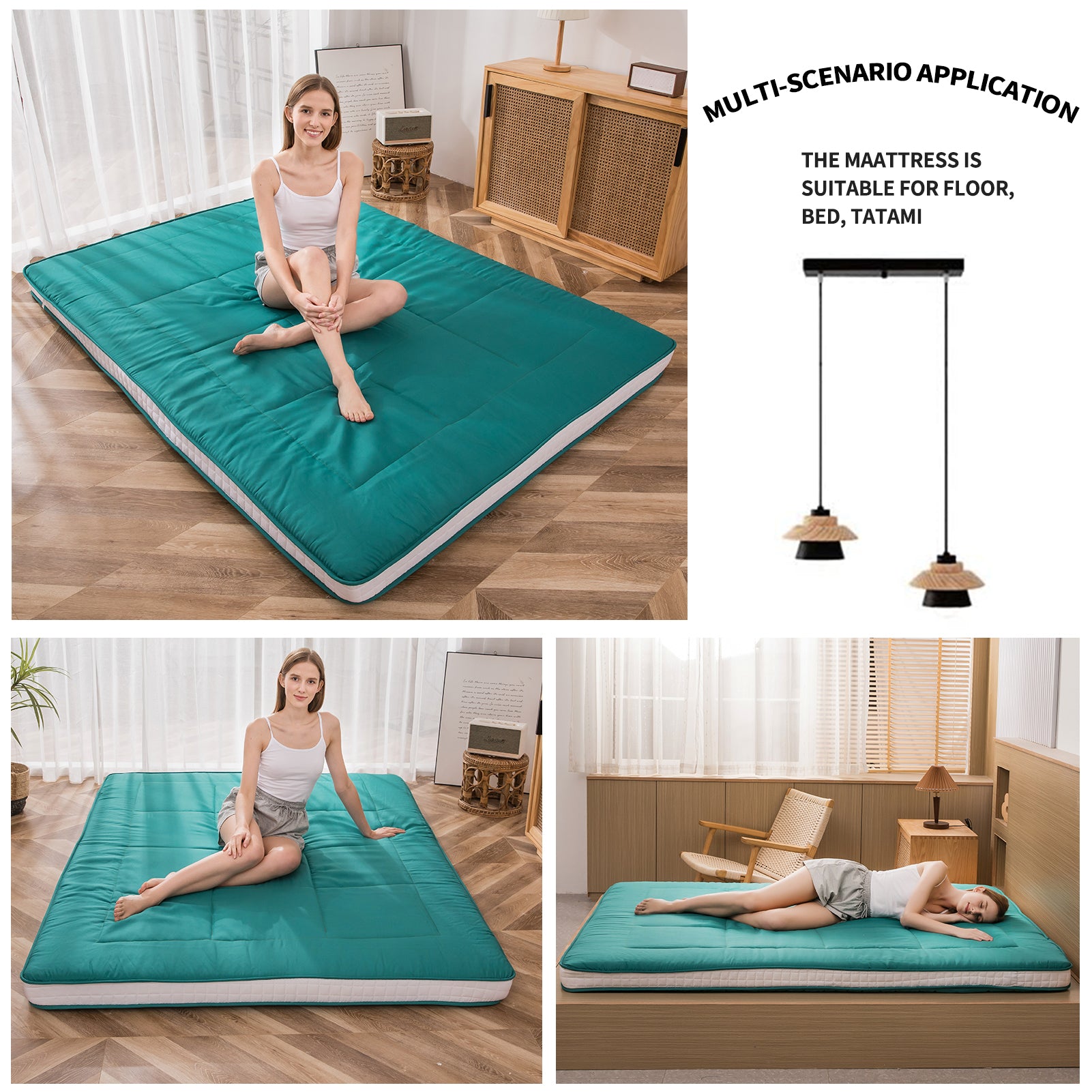 MAXYOYO Padded Japanese Floor Mattress - Multifunctional Futon Mattress in Turquoise | Comfortable Tatami Bed for Guest Room, Yoga & Meditation