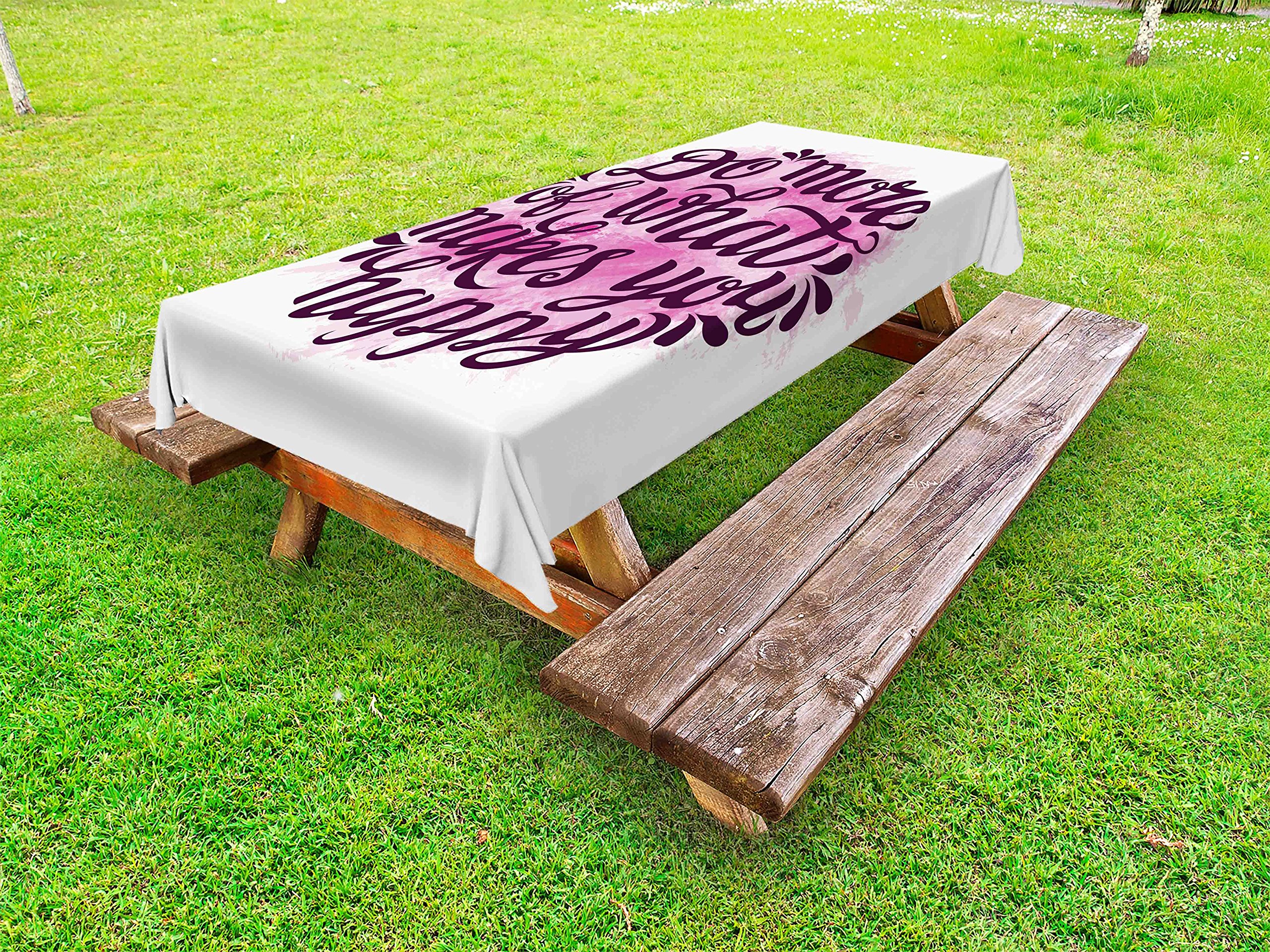Ambesonne Watercolor Floral Picnic Tablecloth - Washable Outdoor Dining Decor with Inspirational Quote 'Do More of What Makes You Happy' - 58x104 Inch Pink & Purple Table Cover for Garden Parties, BBQs, and Picnics