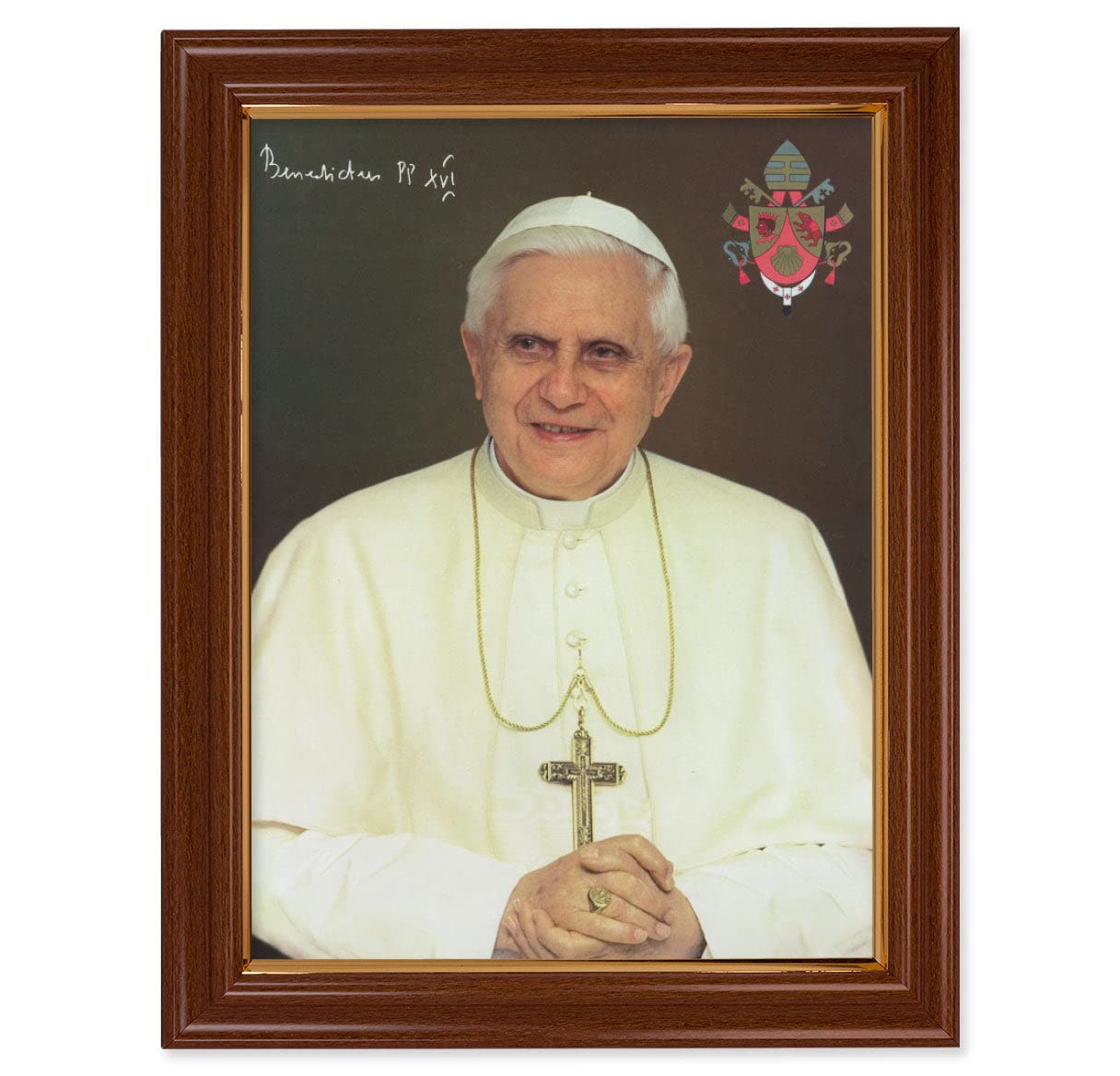 Pope Benedict XVI Framed Wall Art - Extra Large Religious Portrait in Traditional Dark Walnut Frame with Gold Accent | Perfect for Home Chapel, Church Decor & Catholic Gift