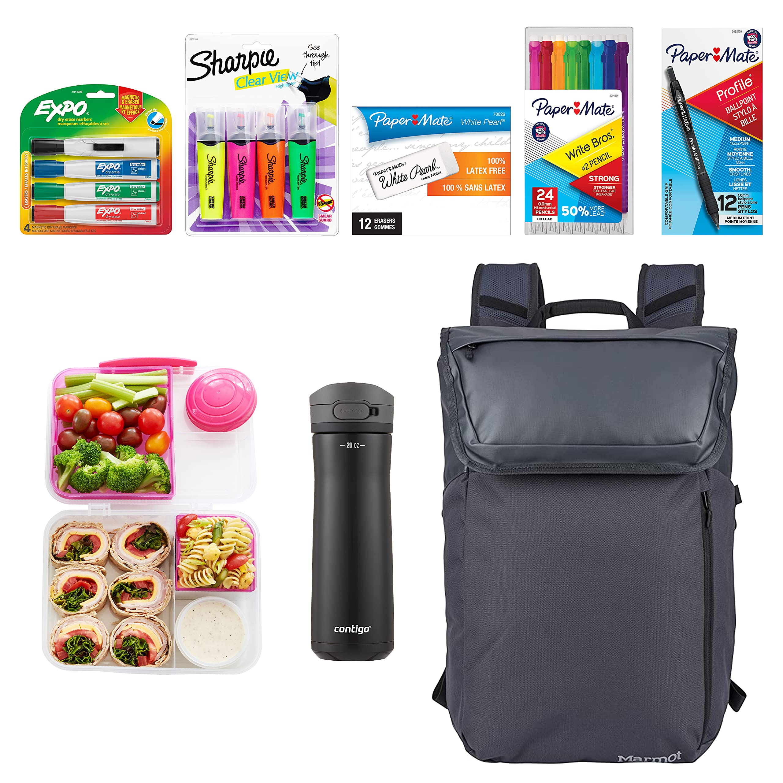 Back to School Supplies Bundle - 59 Count | Paper Mate Mechanical Pencils & Ballpoint Pens, Expo Dry Erase Markers, Contigo Water Bottle, Sistema Lunch Box | Perfect for Middle School Students, Classroom Essentials & Homework Organization