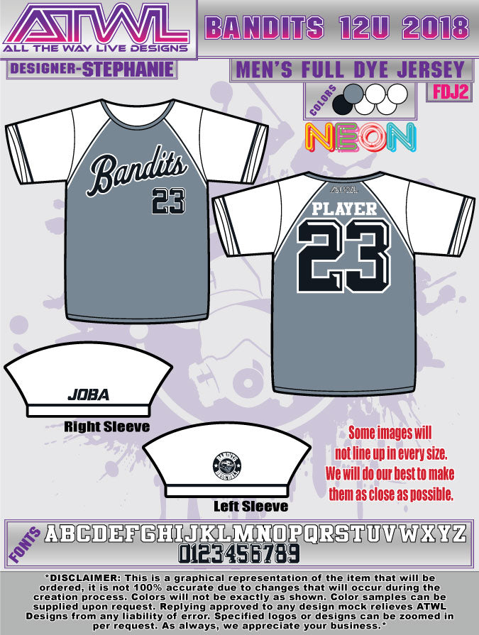 Bandits 12U Full Dye Baseball Jersey - Youth Team Uniform for Fall Season - Perfect for Little League Games & Tournament Play