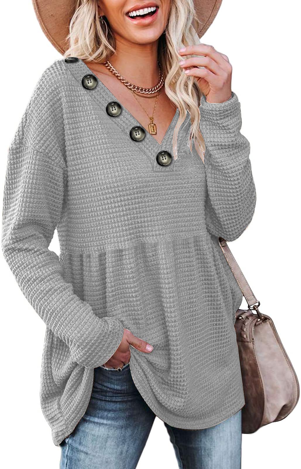 ETCYY Women's V-Neck Waffle Knit Tunic Top - Long Sleeve Loose Casual Peplum Sweater Pullover for Work, Date & Everyday Wear