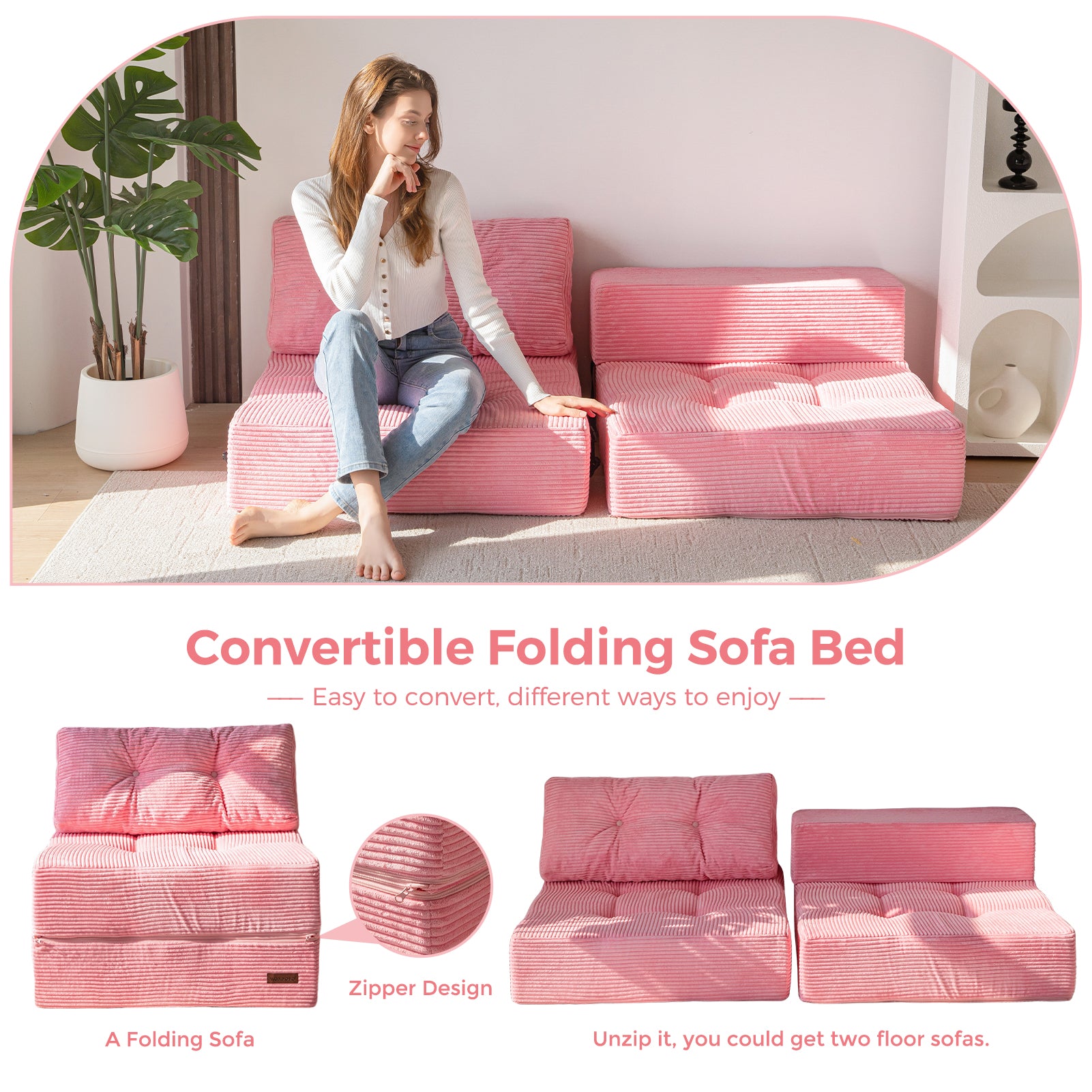 MAXYOYO Convertible Folding Sofa Bed - Comfortable High Density Support Foam for Living Room, Bedroom & Small Spaces (Pink) | Perfect for Guest Sleeping, Studio Apartments & Cozy Lounging