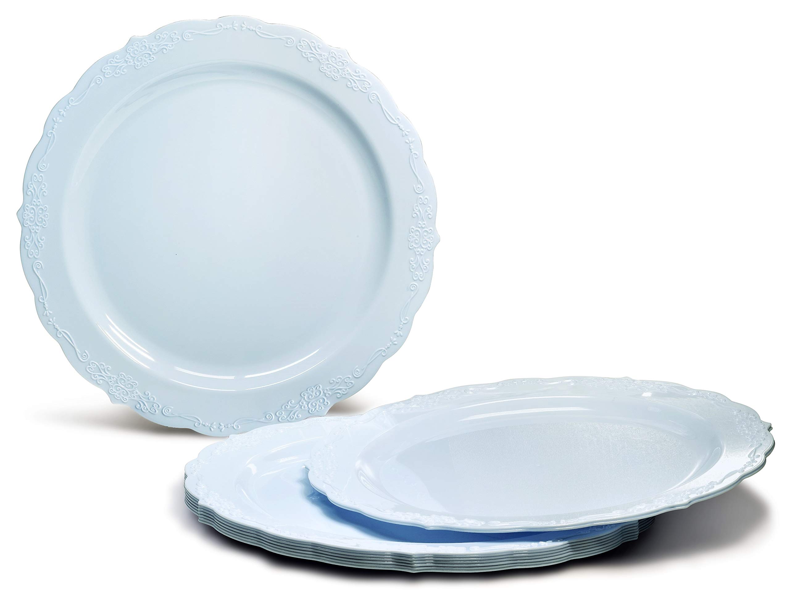 960-Piece Vintage Wedding Party Disposable Plastic Plates & Cutlery Set - 120 x 10'' Dinner Plates, 120 x 7.5'' Dessert Plates, Silver Silverware, Cups & Napkins (Verona Blue) - Perfect for Weddings, Bridal Showers, Anniversaries & Large Gatherings
