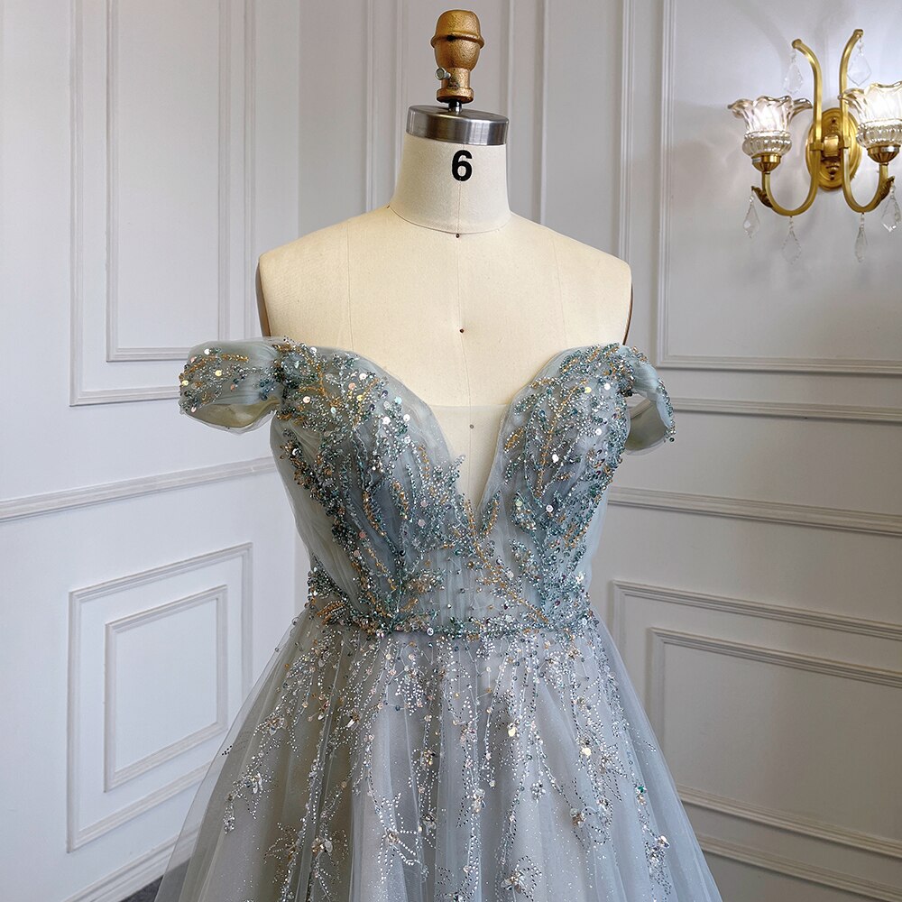 Serene Hill Grey Blue A-Line Sexy Strappy Skirt Cap Sleeve Luxury Beaded Evening Dress Gown for Women 2025 | LA71740 | Perfect for Cocktail Parties, Prom Nights & Formal Events