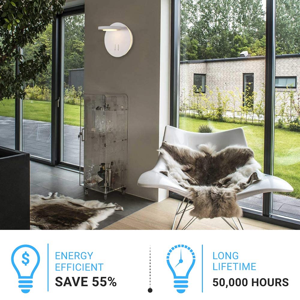 LEDMyplace 14W LED Wall Sconce - 3000K Warm White Indoor Bedroom Light, 558 Lumens, 120V, High CRI, White Acrylic Shade, Sand White Finish - Perfect for Hallway, Living Room & Bedroom Lighting