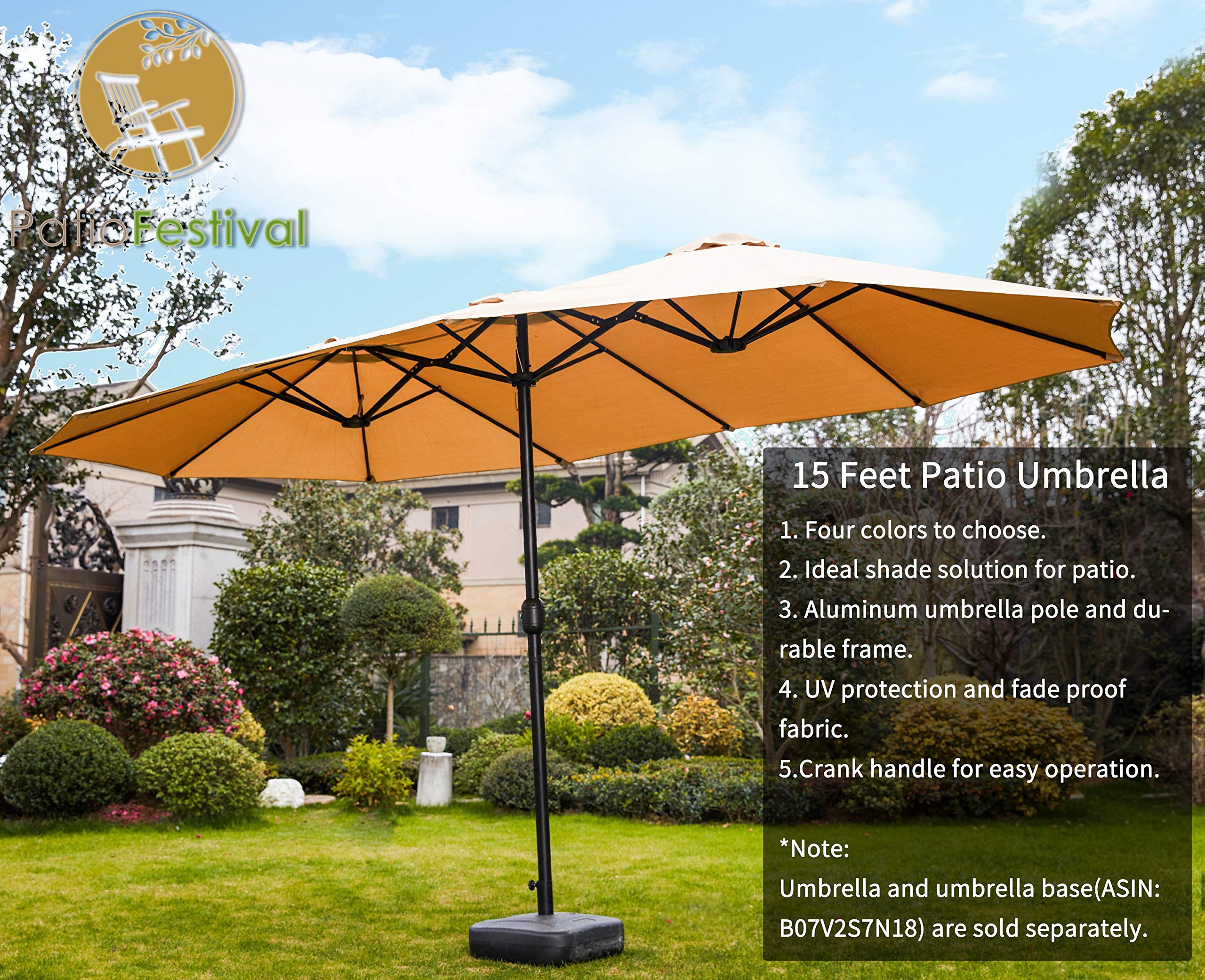 PatioFestival 15F Outdoor Patio Umbrella - Double-Sided Garden Table Umbrella with Crank Open/Close System, Fade-Resistant Canopy for Lawn, Deck, Backyard & Pool - Perfect for Outdoor Dining, Lounging, and Sun Protection