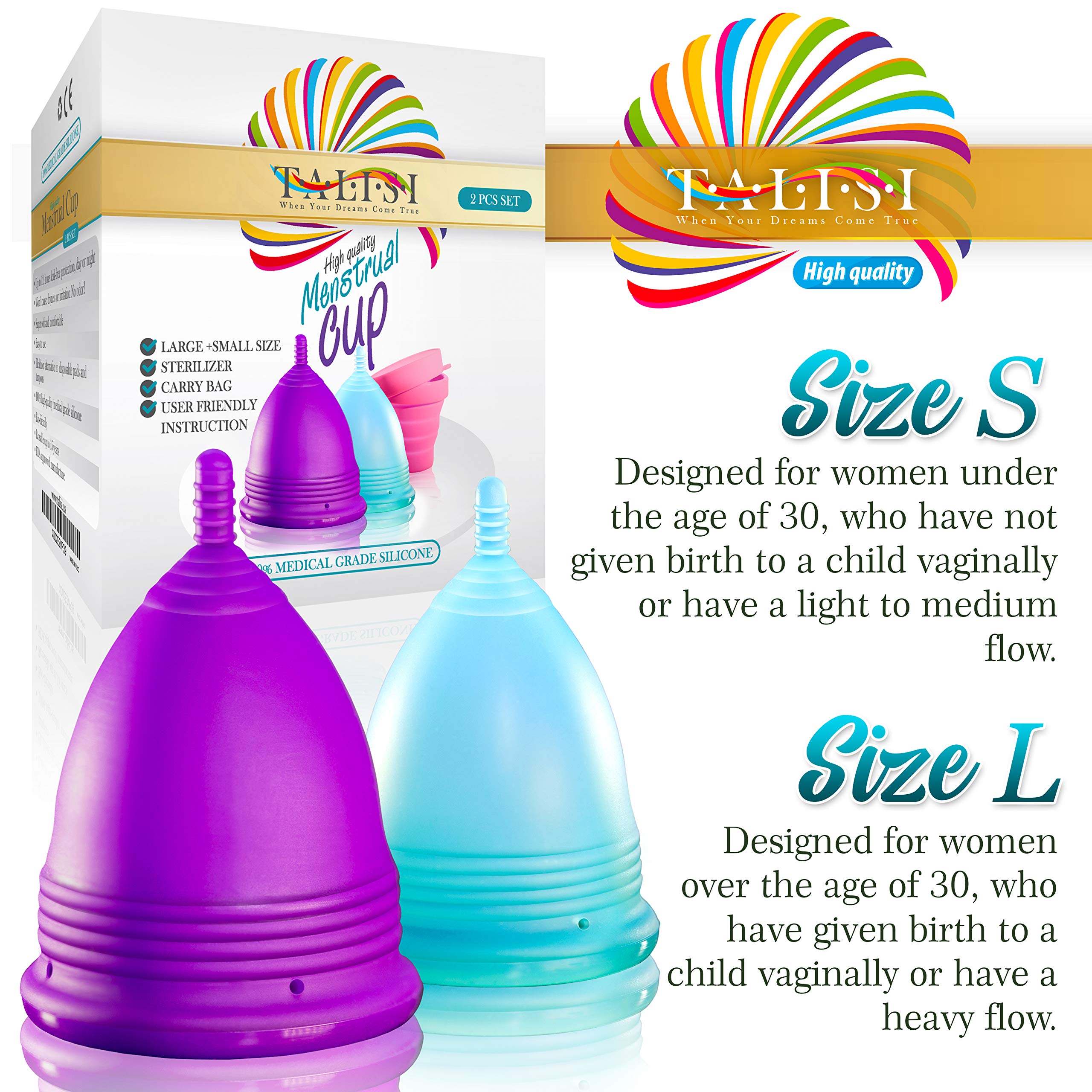 **Talisi Reusable Menstrual Cups – Soft Silicone Period Cups for Women – Large & Small Sizes for Regular & Heavy Flow – Includes Collapsible Sterilizer Case – Ideal for Travel, Gym & Active Lifestyles**