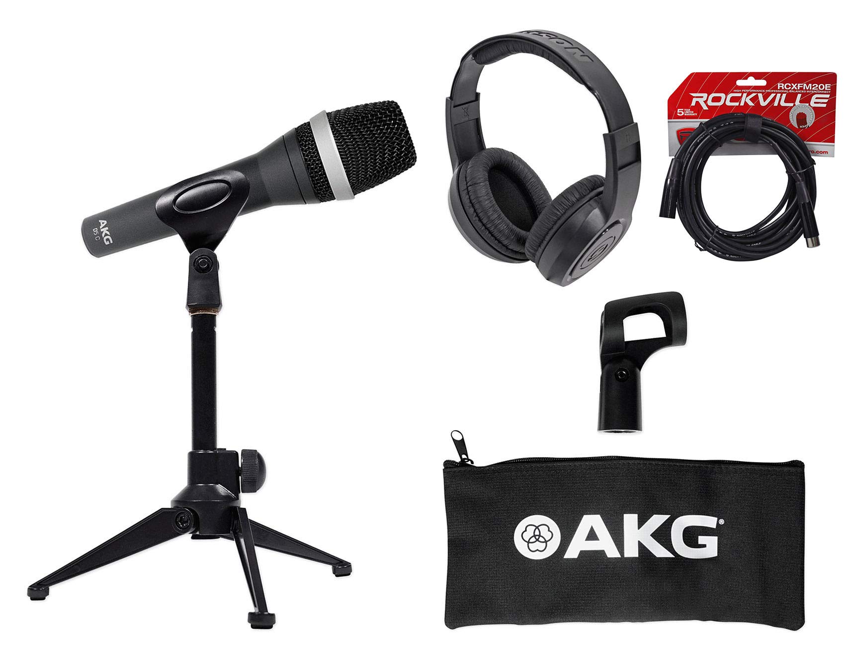 AKG D5C Pro Dynamic Cardioid Vocal Microphone with Desk Stand, Headphones & Cable - Professional Studio Recording, Live Performances & Podcasting