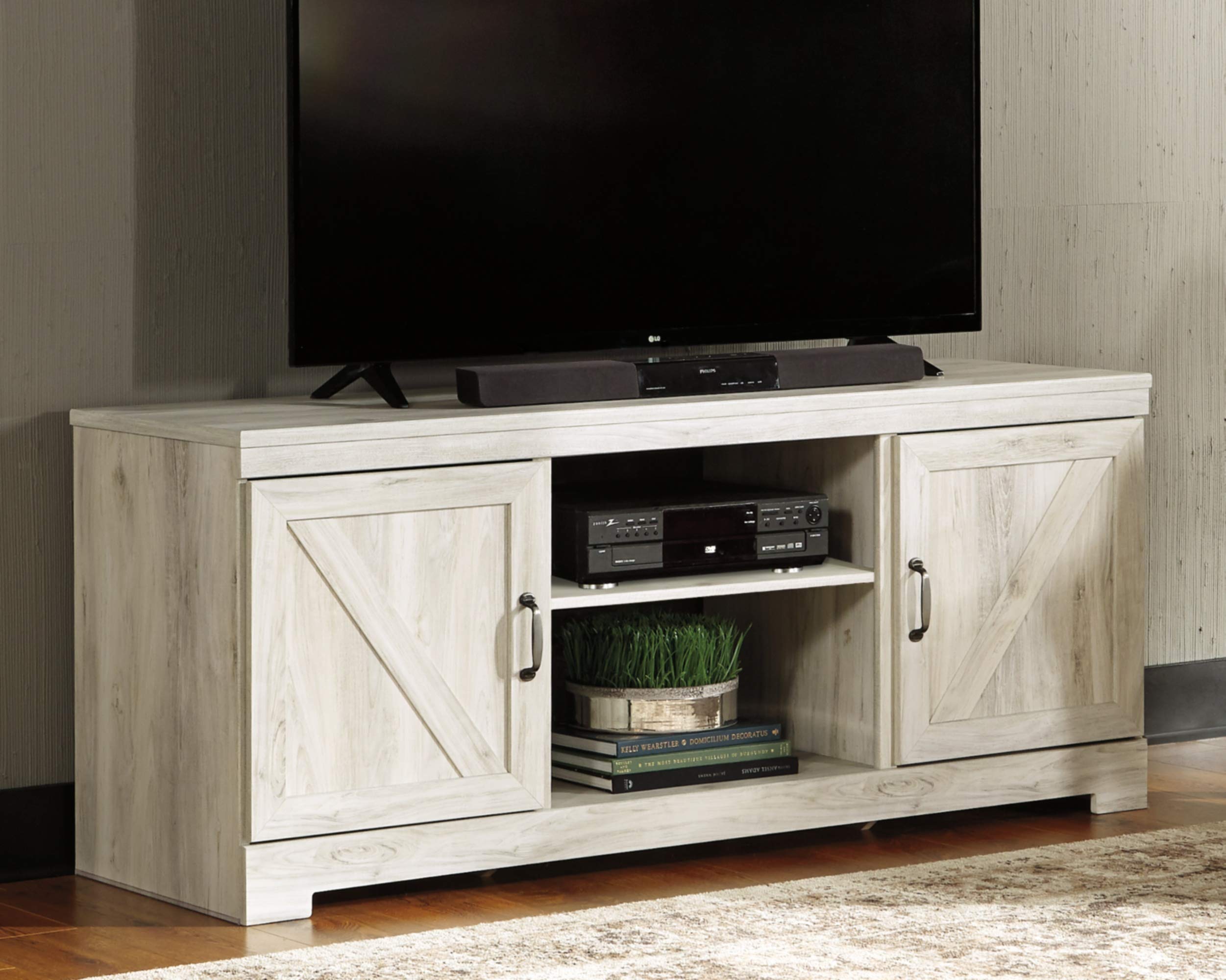 Ashley Bellaby Farmhouse TV Stand with Fireplace - Rustic Whitewash Finish for TVs up to 60