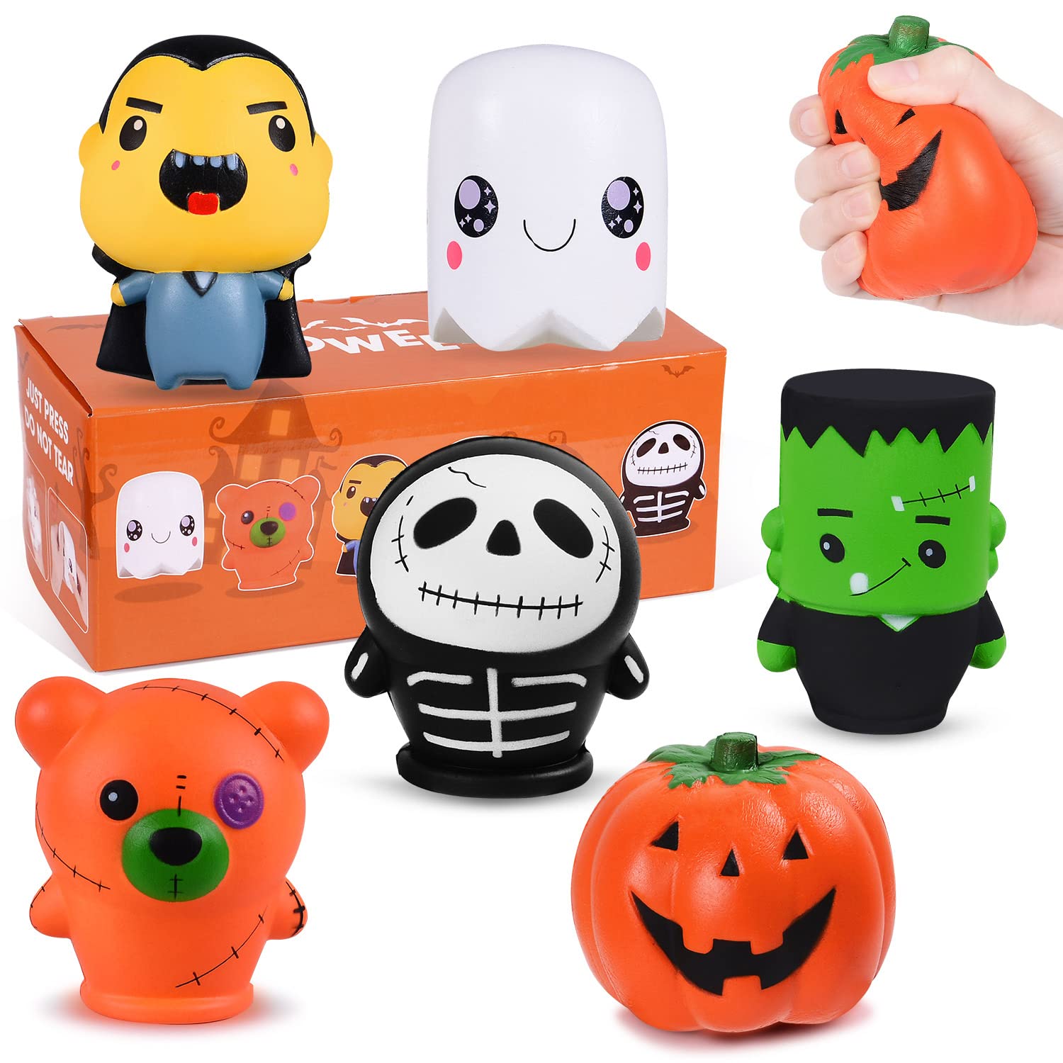 Halloween Squishy Toys for Kids - 6 Pack Jumbo Slow Rising Stress Relief Soft Squeeze Toys, Halloween Party Favors for Toddler Boys & Girls - Perfect for Classroom Treats, Birthday Gifts & Sensory Play