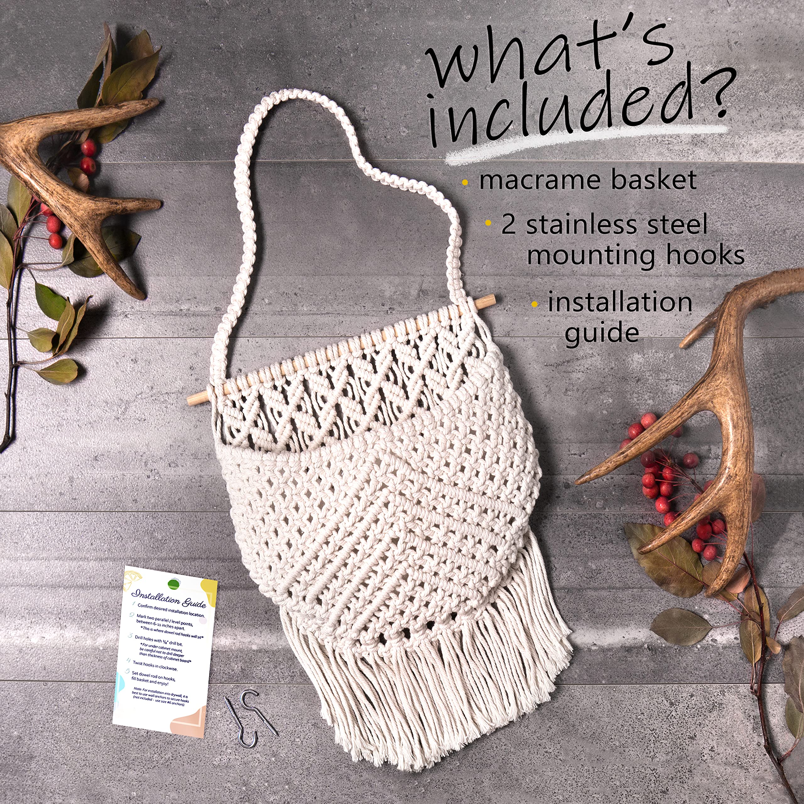 Macrame Fruit Basket - Cotton Hanging Storage for Kitchen, Under Cabinet Organizer - Boho Wall Decor for Fruits & Vegetables - Space Saving Countertop Solution - Perfect for Small Kitchens & Pantry Organization