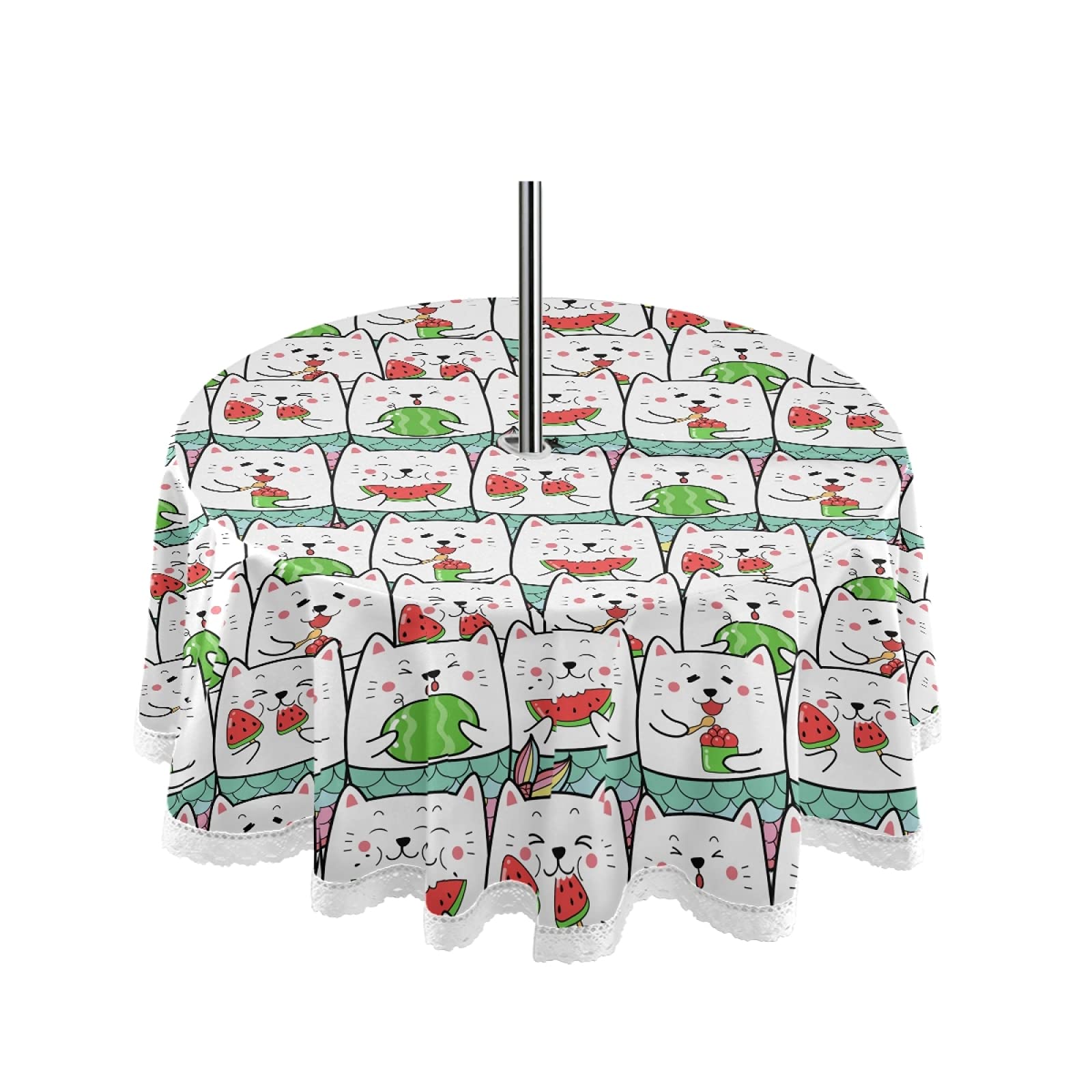Waterproof Cute Cat Mermaid Print Outdoor Tablecloth with Umbrella Hole & Zipper - Machine Washable Spring Summer Picnic Table Cover for Patio, Garden, Party Decor | Perfect for Outdoor Dining, BBQ, Beach Parties & Birthday Celebrations