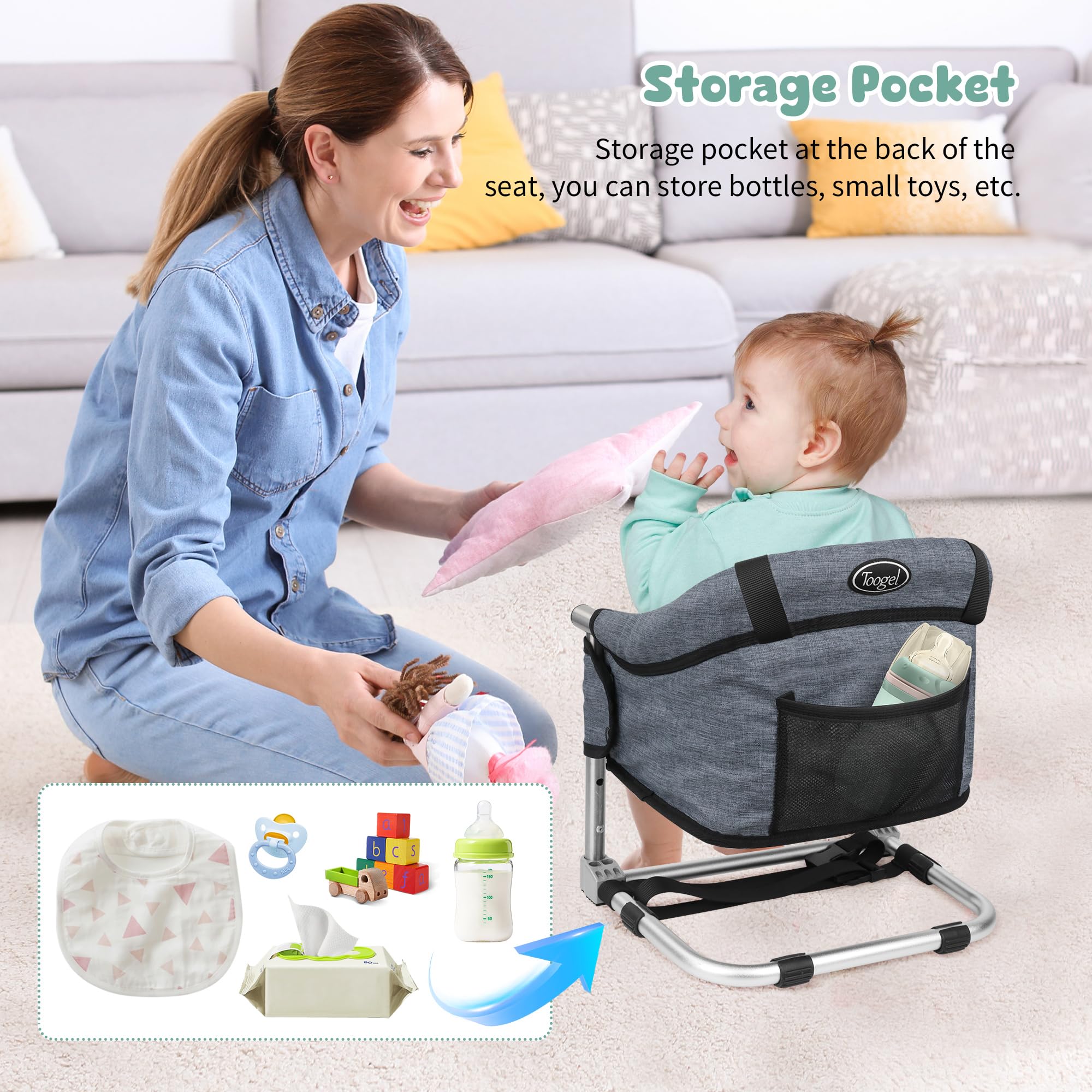 Portable Toddler Booster Seat for Dining Table - Adjustable Height Baby High Chair with Safety Belt, Foldable Kids Feeding Chair for Home Kitchen & Travel - Grey - Perfect for Family Meals, Restaurant Dining and Road Trips