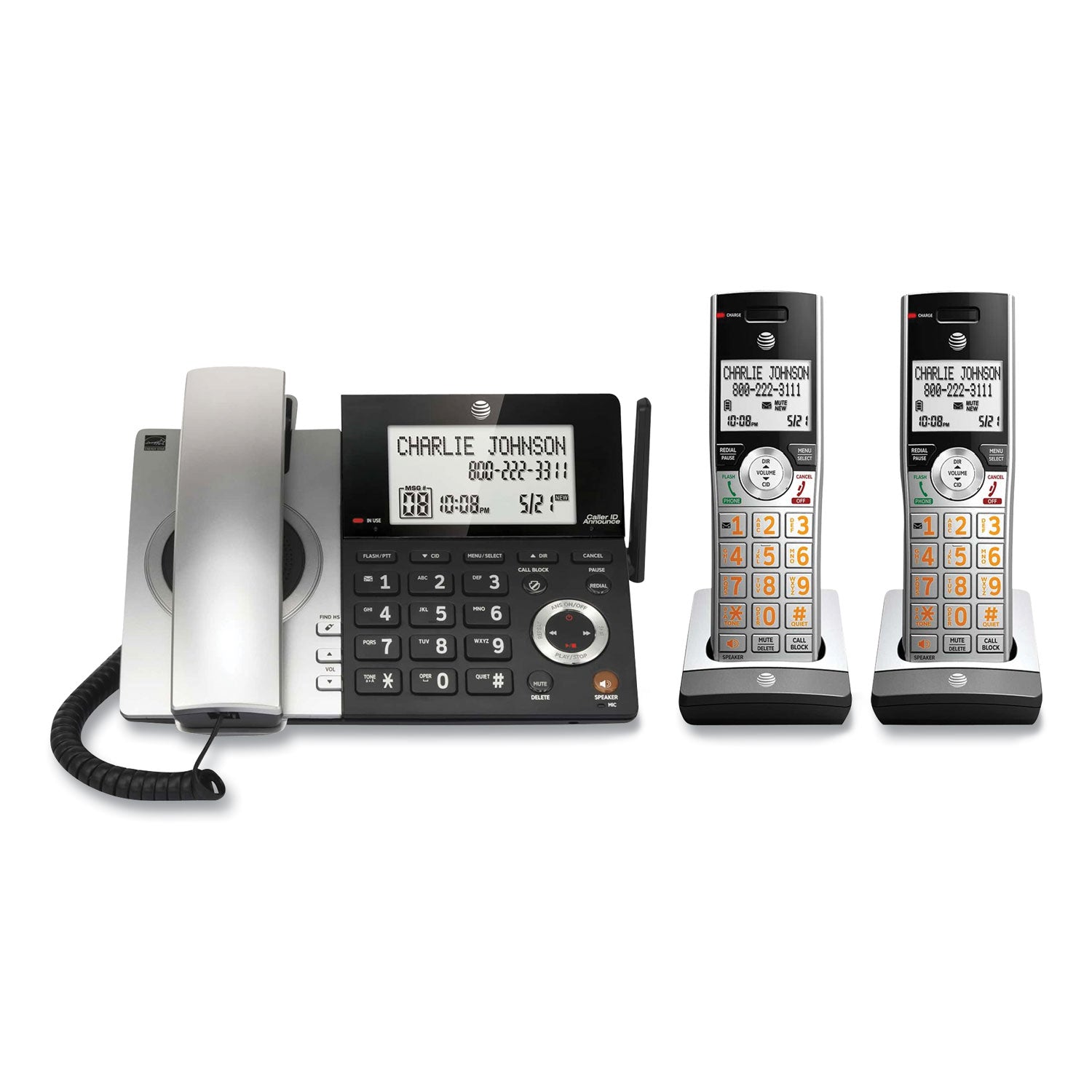 AT&T CL84207 Corded/Cordless Phone with Base Station & 2 Extra Handsets - Black/Silver - Home & Office Communication System for Clear Calls & Convenience