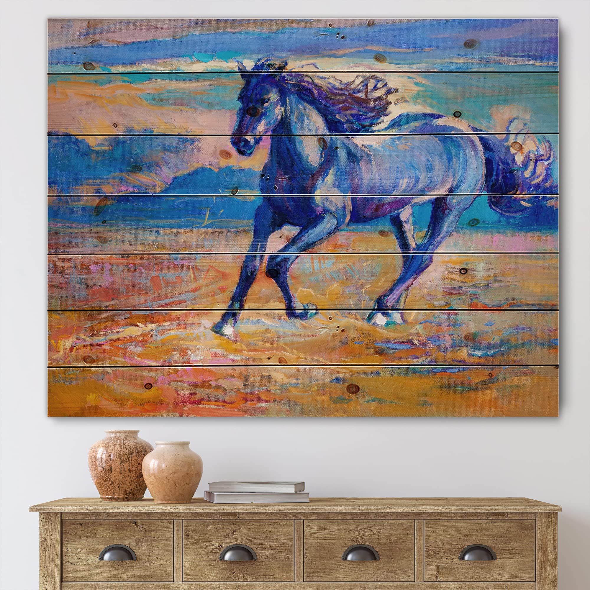 Blue Horse Galoping Over The Prairie - Farmhouse Wood Wall Decor, Large Animal Wood Wall Art Panel Printed on Natural Pine - Perfect for Living Room, Bedroom & Country Style Home Decor