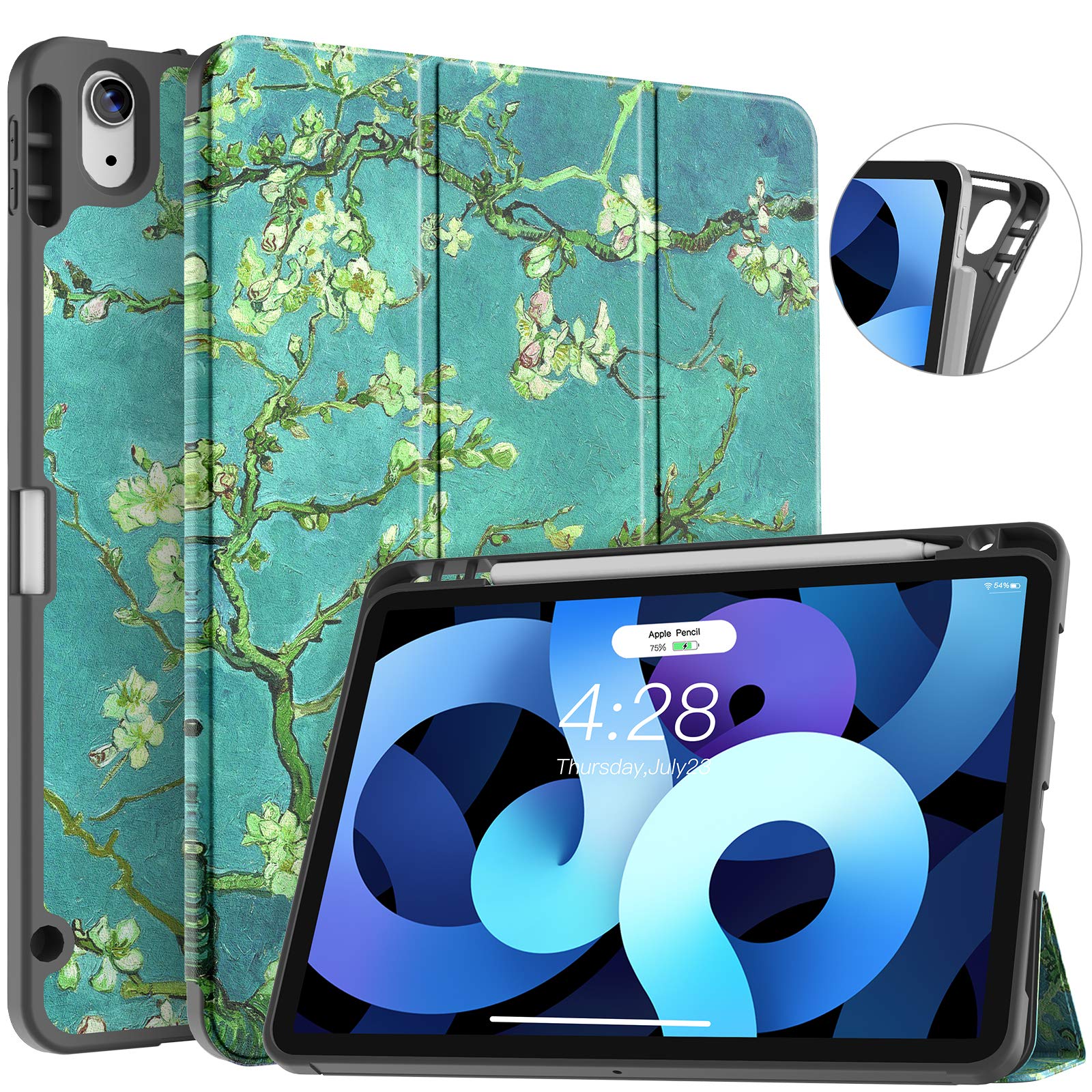 Premium Protective Case for iPad Air 5th/4th Gen (10.9 Inch 2022/2020) with Pencil Holder - Shockproof Full Body Cover, Auto Sleep/Wake & Wireless Charging Compatible, Soft TPU Back - Apricot Blossom Design | Perfect for Work, Travel & Creative Use with Apple Pencil