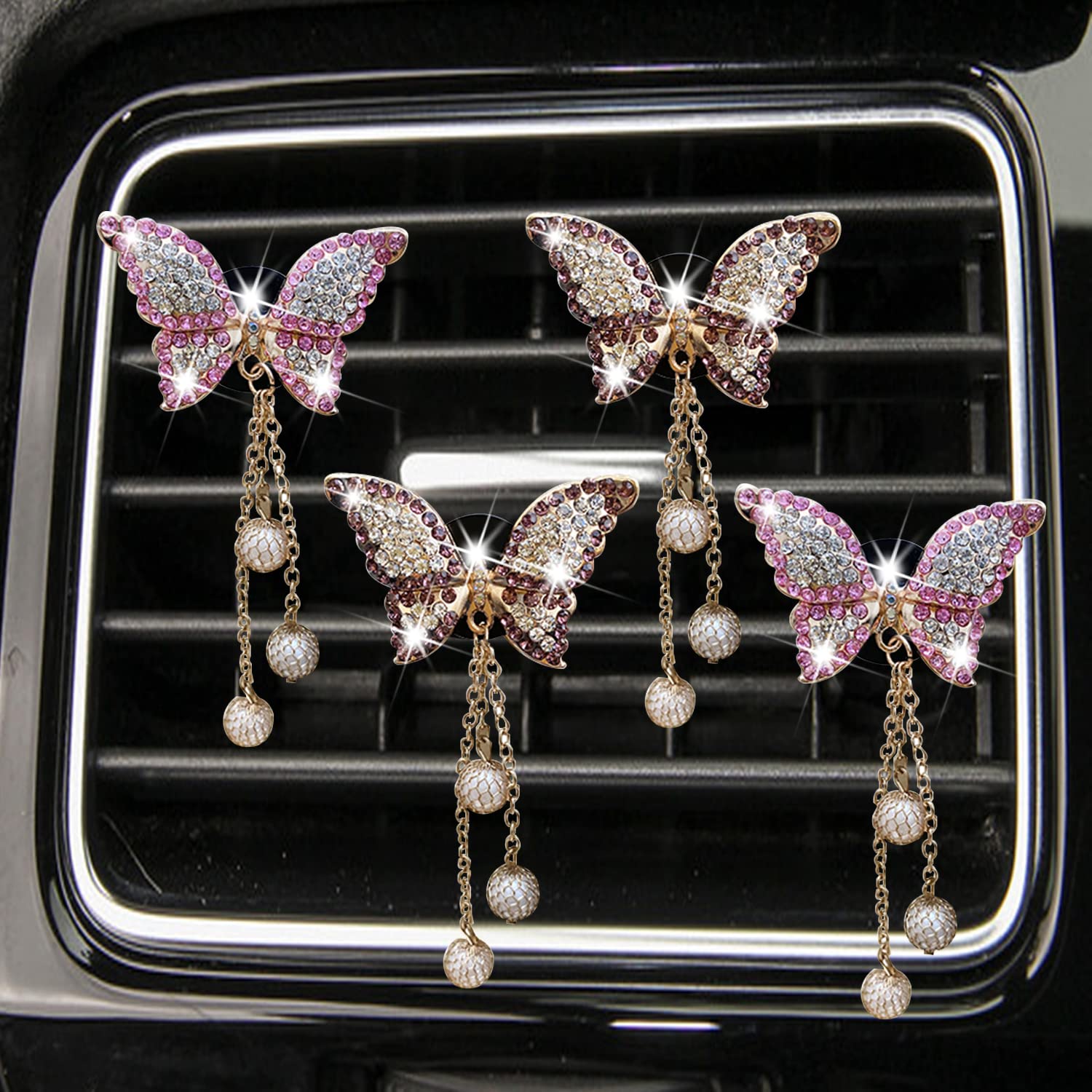 4 Pcs Bling Butterfly Car Aromatherapy Air Vent Clips - Diamond Pearl Pendant Butterfly Car Air Fresheners | Cute Car Decor Accessories for Women | Perfect for Car Interior Decoration & Gift Giving