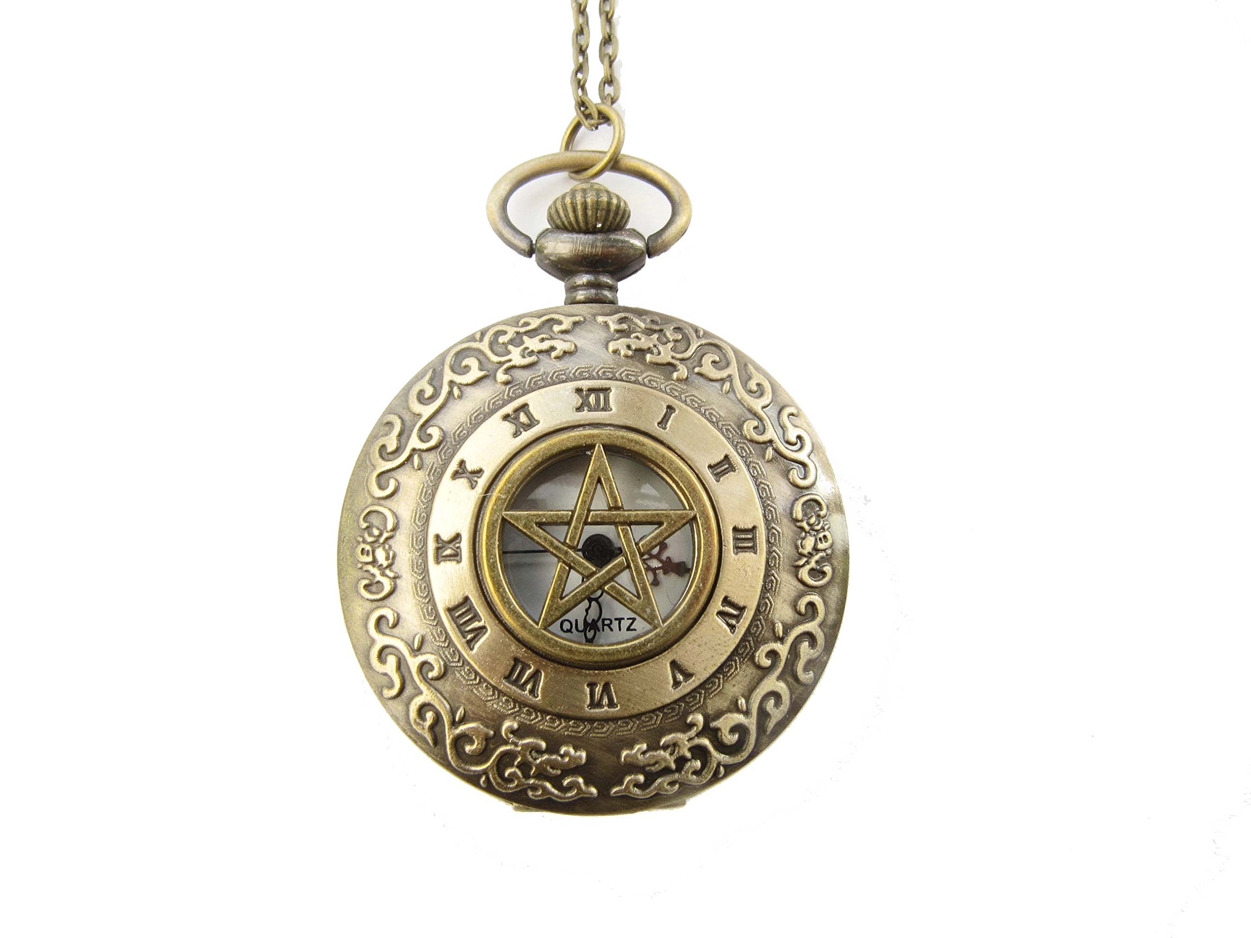 Vintage Bronze Pentagram Pocket Watch Necklace - Gothic Pagan Jewelry for Men & Women - Perfect for Wiccan Rituals, Steampunk Fashion & Unique Gifts