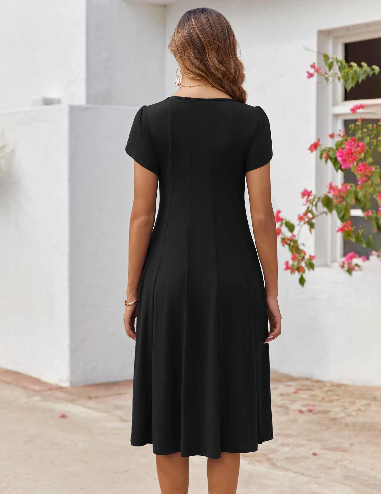 Zeagoo Women's Summer Casual Short Sleeve Pleated Flowy Midi Dress - Loose Beach Sundress with Pockets for Vacation, Travel, and Outdoor Activities