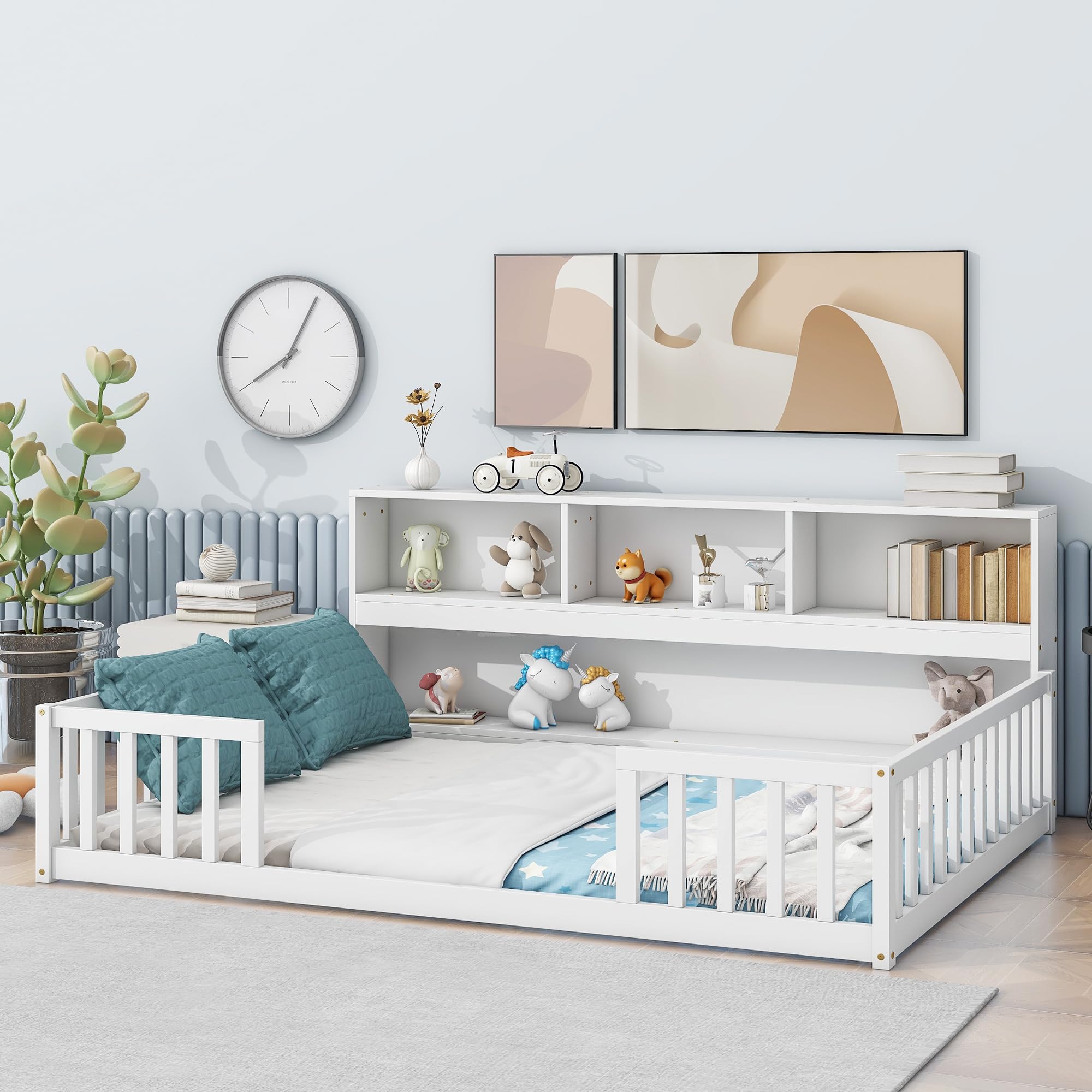 Full Size Floor Bed with Bedside Bookcase & Shelves - Multifunctional Wooden Platform Bed with Guardrails & Storage Headboard - Low Profile Kids & Teens Bed (White) - Perfect for Small Rooms, Dormitories & Cozy Bedrooms