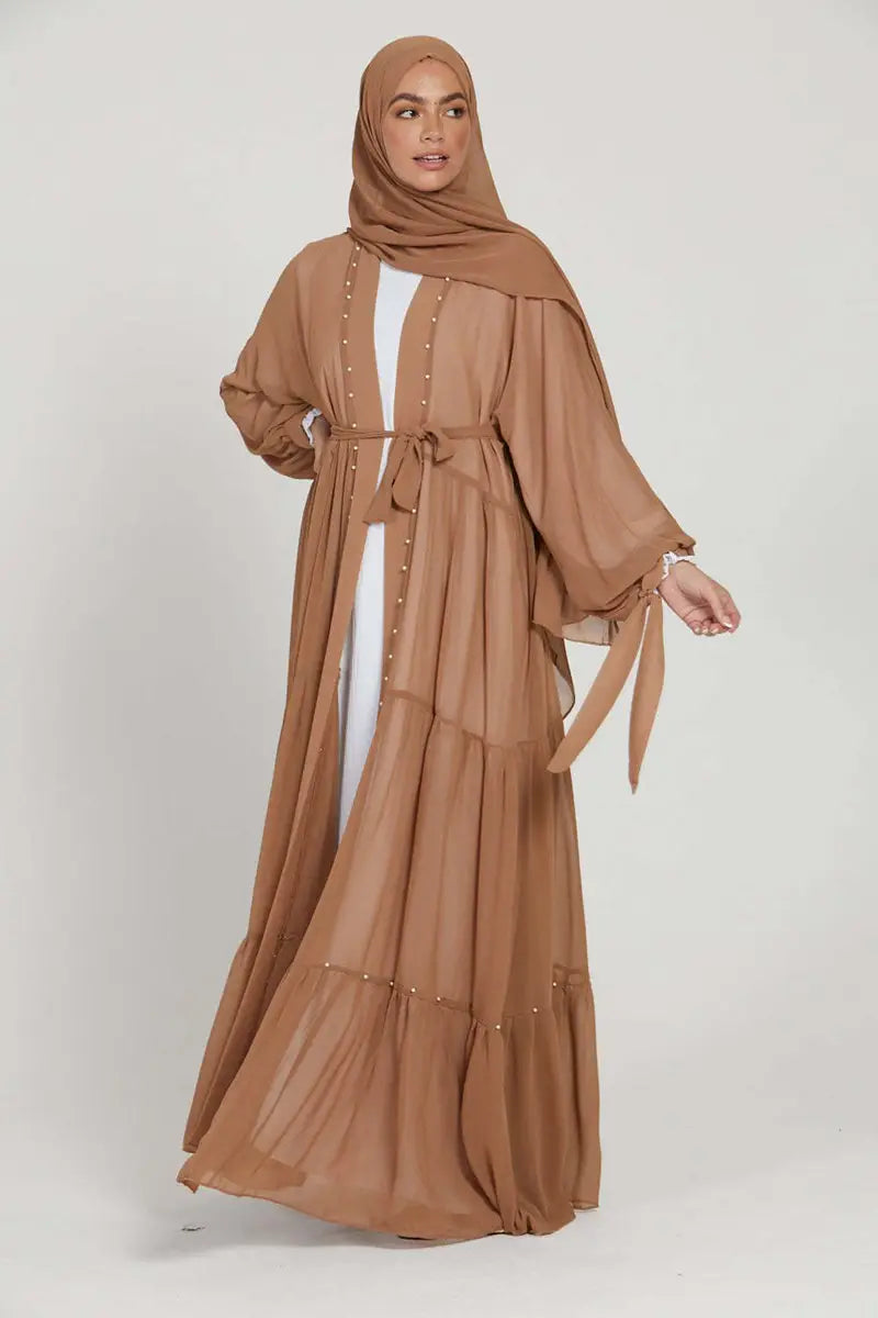 Elegant Muslim Women's Chiffon Beaded Open Abaya Dress - Modest Islamic Prayer Dress for Mosque, Eid & Special Occasions