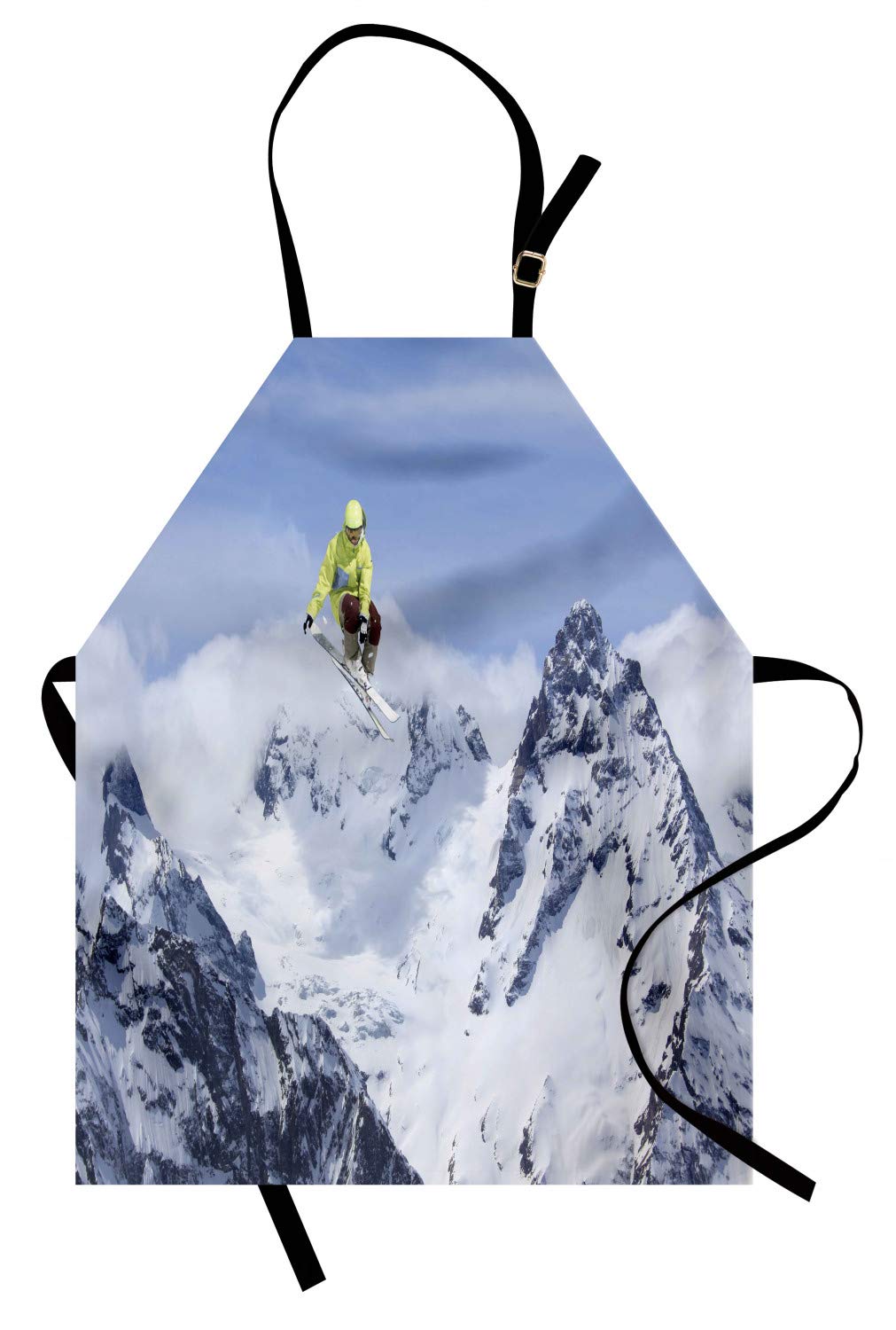 Lunarable Extreme Sports Apron - Unisex Adjustable Kitchen Bib for Cooking, Baking & Gardening - Winter Skiing Mountain Design in White Grey Yellow - Perfect for Home Chefs, BBQ Parties & Outdoor Enthusiasts
