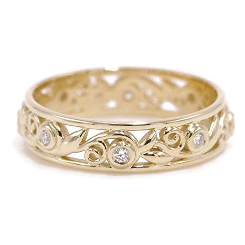Vintage Rustic Leaf Filigree Eternity Diamond Wedding Ring - Scroll Pattern Feminine Wedding Band - Vintage Inspired Vine Leaf Design - Perfect for Engagement, Anniversary & Romantic Occasions