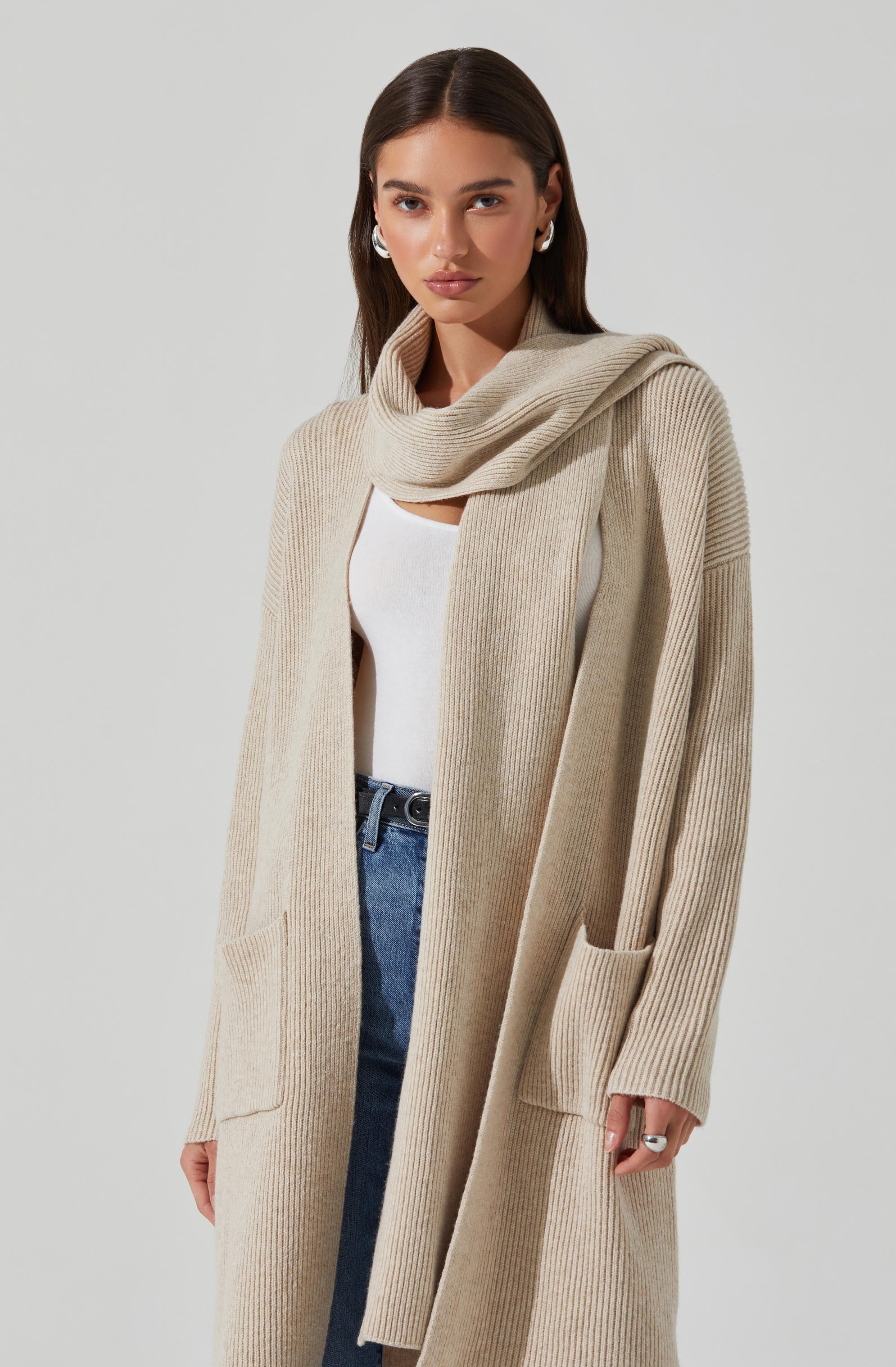 Noemi Ribbed Scarf Cardigan for Women - Soft Knit Open Front Long Wrap Sweater | Perfect for Fall, Winter & Layering Outfits | Office, Date Night & Casual Wear