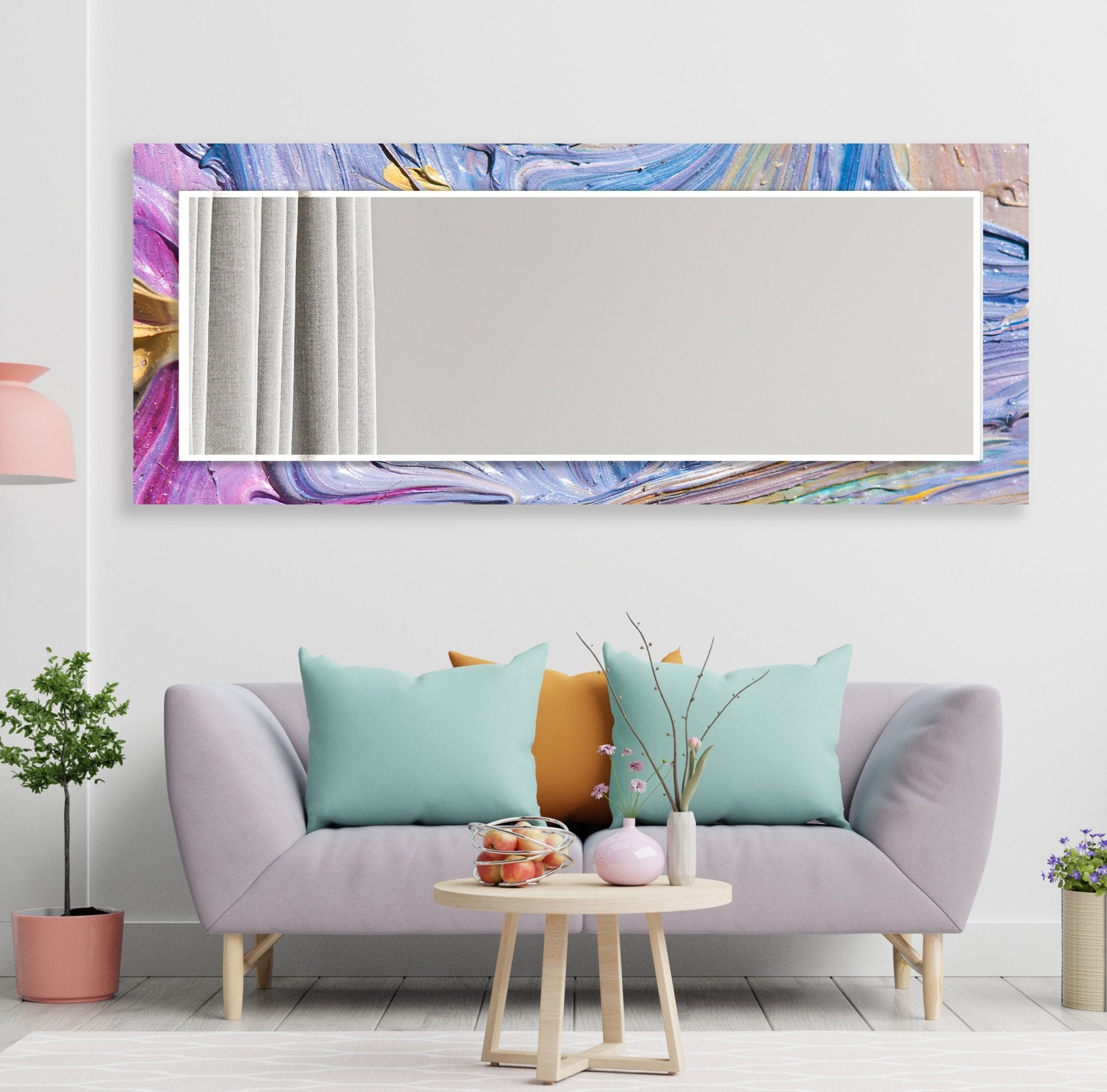 Abstract Purple Oil Painting Wall Mirror - Modern Boho Decor for Living Room, Bedroom & Entryway - Handmade Artwork for Home & Office Decor